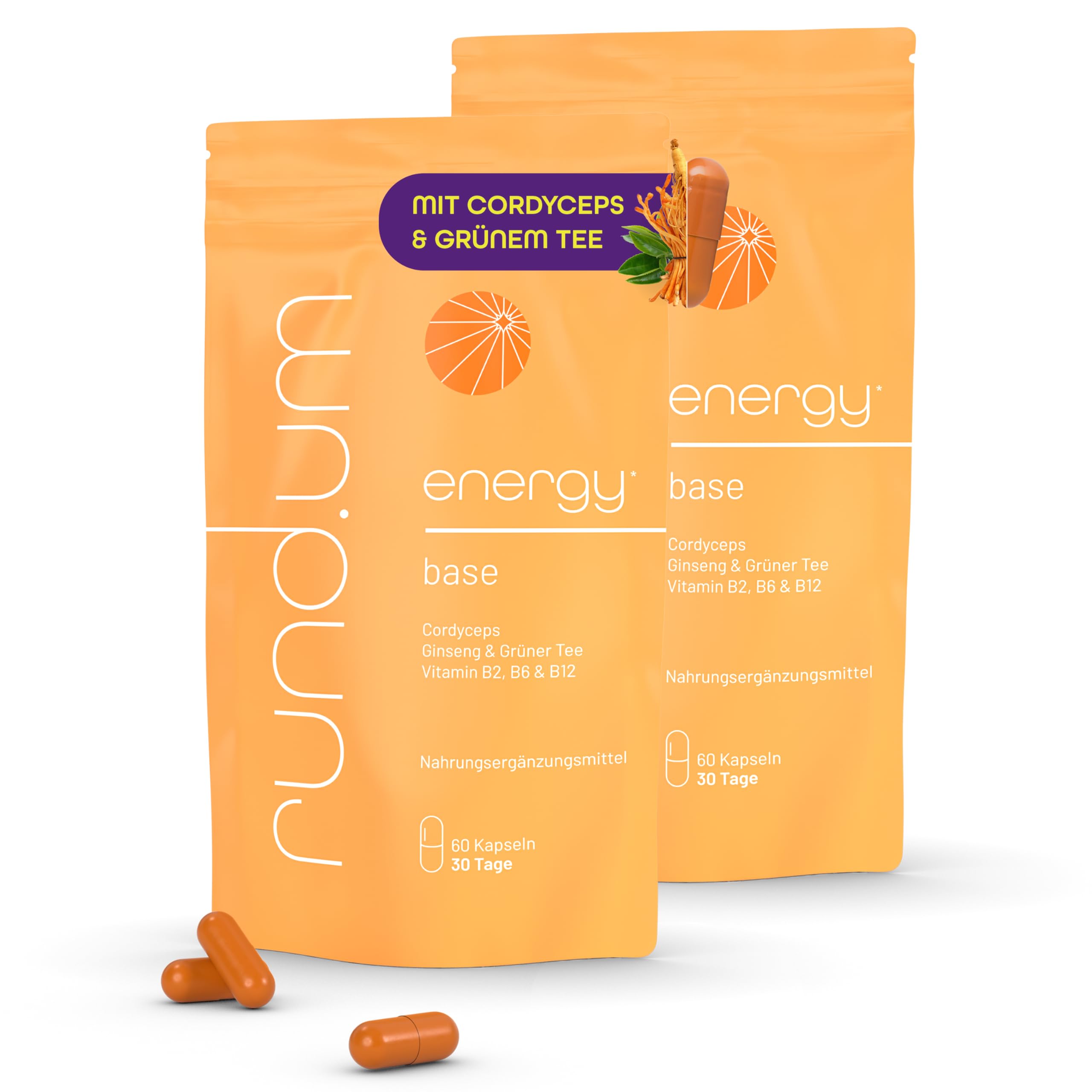 rund.um energy base Kapseln (2 x 60 Stück) - Nahrungsergänzungsmittel für mehr Energie und innere Balance - vegan, laktose- und glutenfrei