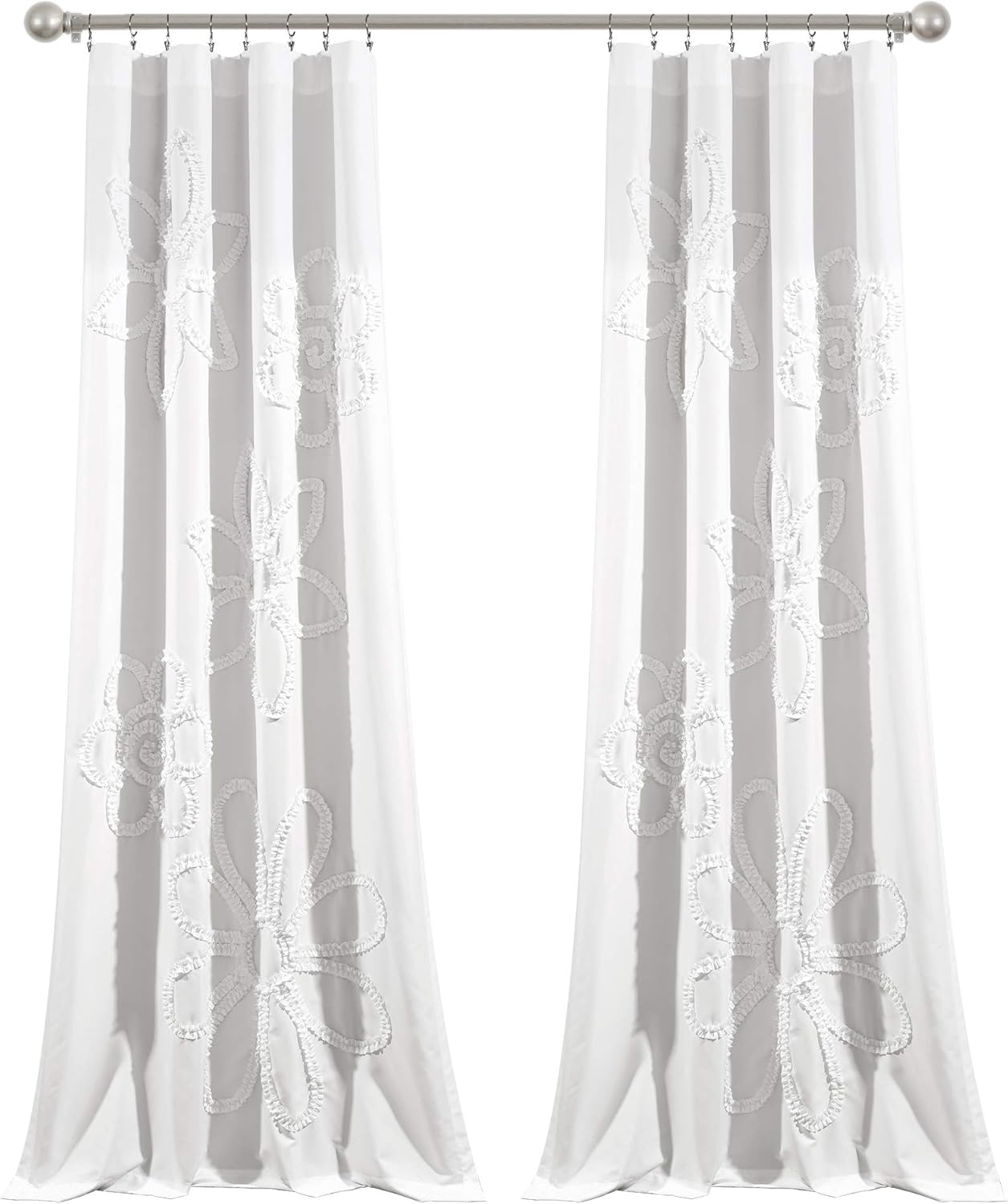 Lush Decor Ruffle Flower Window Curtain Panel Pair, 84" L x 42" W, White