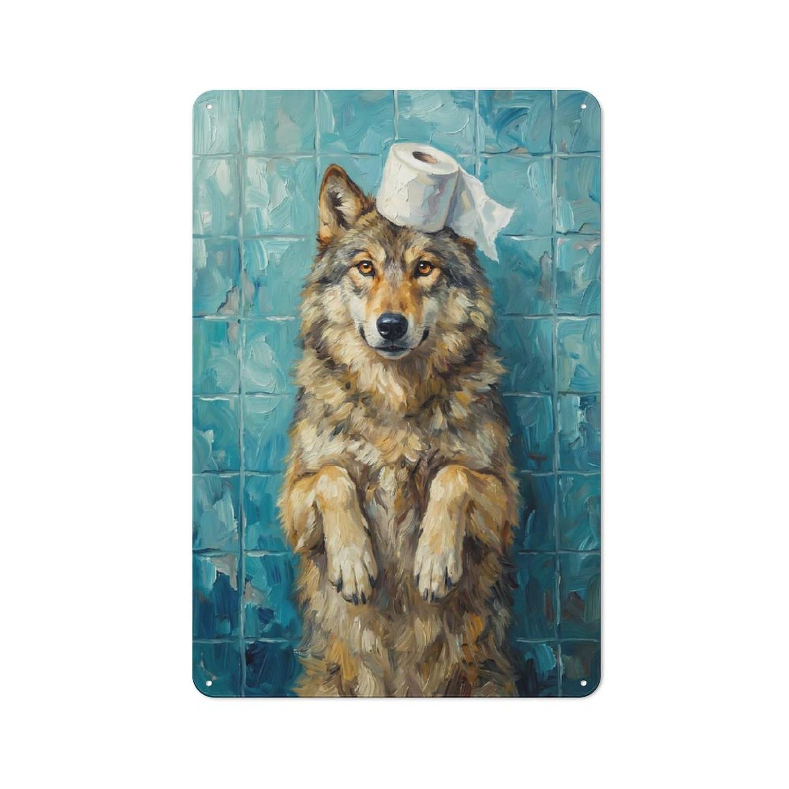 Junmoney Style-10 Tin Wall Plaque 30X20cm With Wolf With Toilet Paper For Hallway Wall, Suited To Wall Displays In Hallways And Entrance Areas
