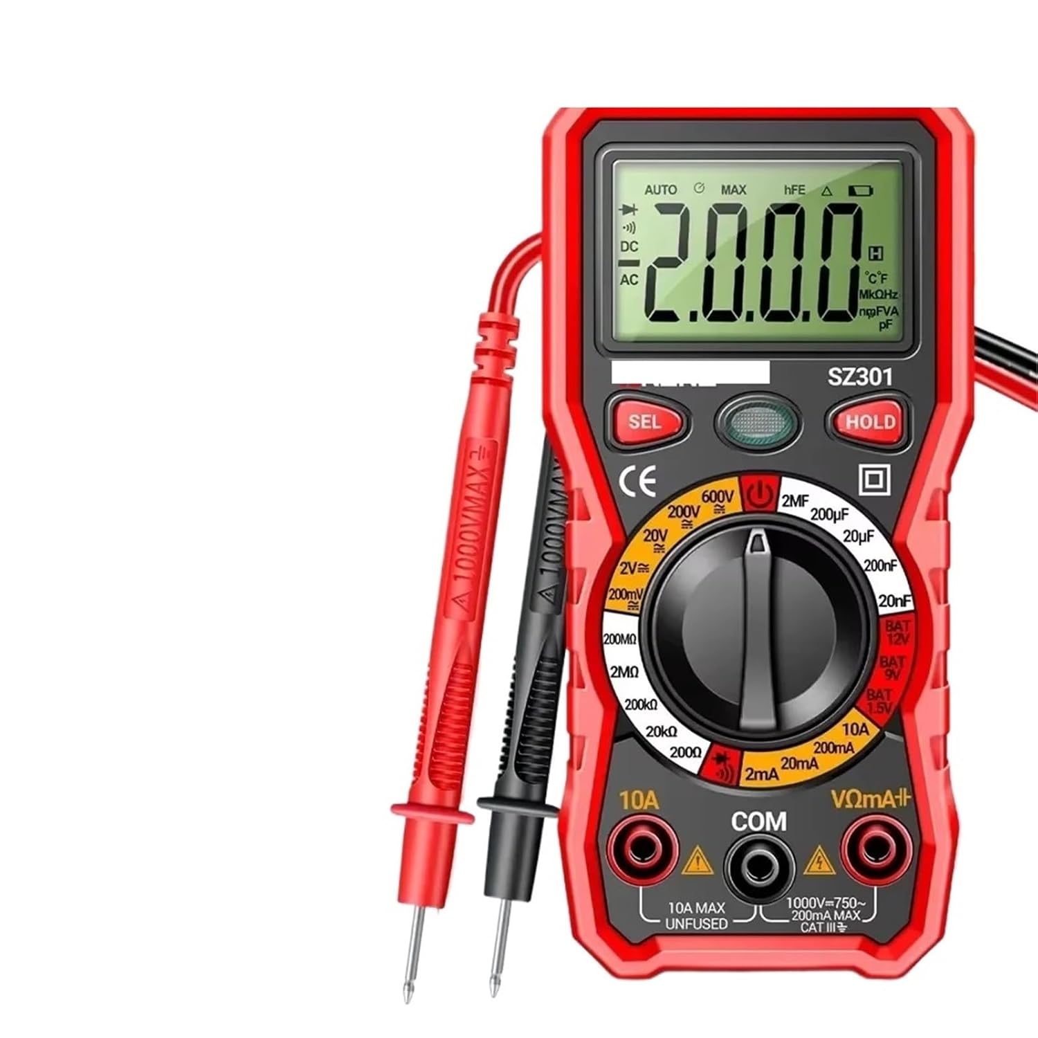 1PC SZ301 Digital Multimeter Multi Range AC/DC Voltage Current Resistance Automatic Ohm Current Meter Capacitance(Black with Box)