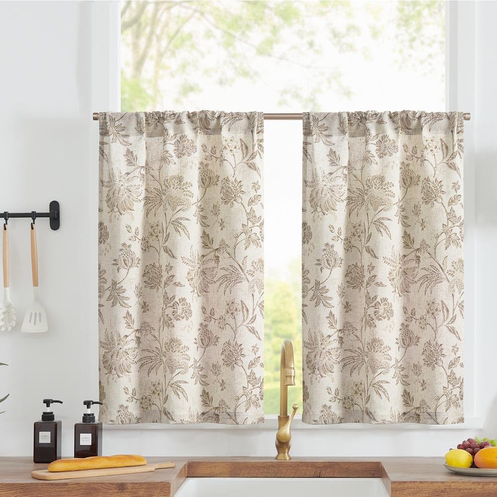Amazon.com: JINCHAN Floral Kitchen Curtains 24 Inch Linen Tier Curtains ...