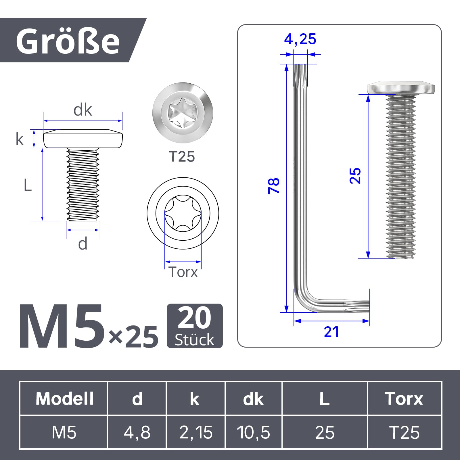 Dayalo 20 sztuk śrub z łbem płaskim M5, śruby Torx M5 x 25 mm, stal nierdzewna, A2, V2A, śruby metalowe z kluczem Torx, wysoka wytrzymałość, ochrona przed korozją