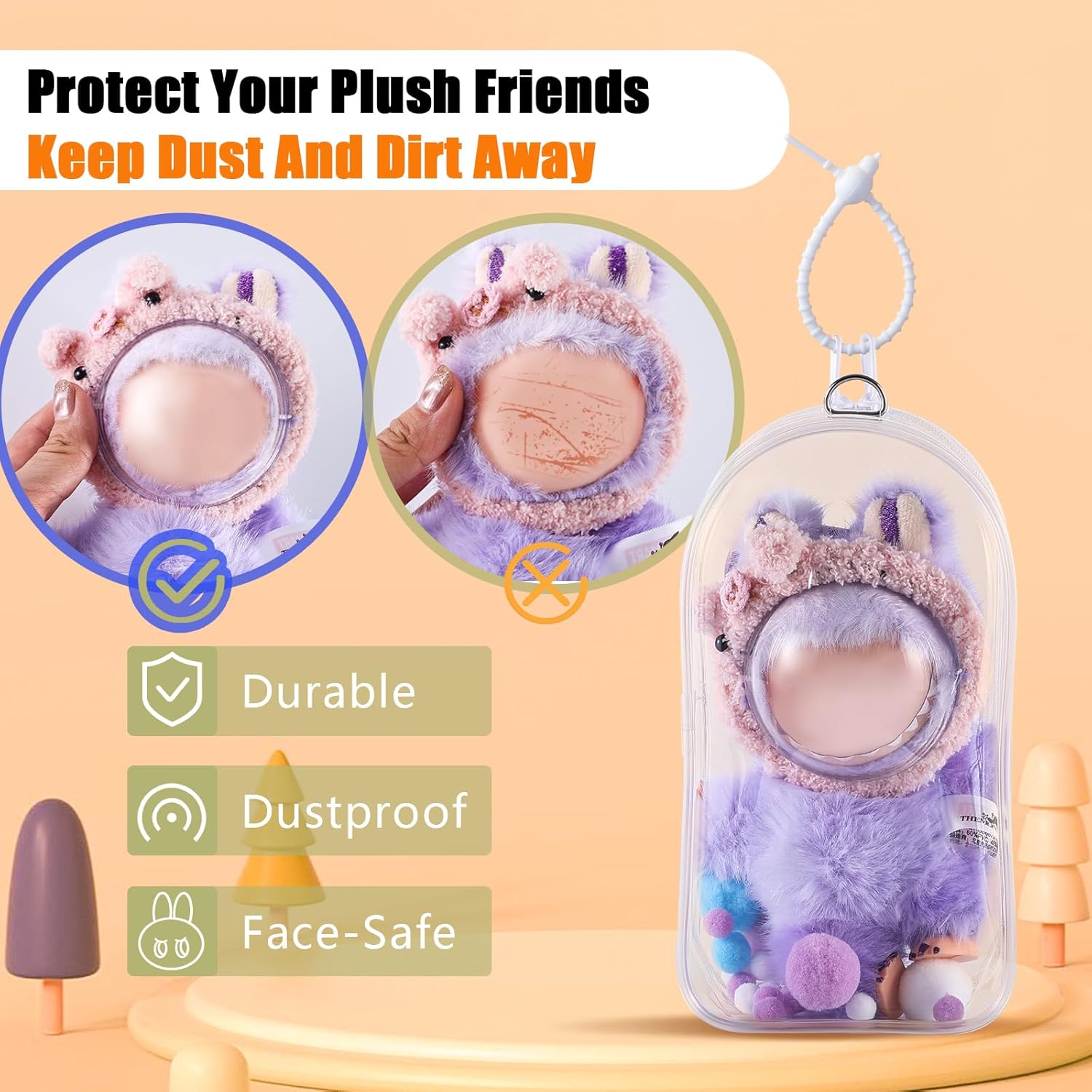 2-Pack Protective Case for Plush Toy with Clear Face Shield & Fuzzy Headband Fits 6-7Inch Designer Plush & Blind-Box Figures, Soft PVC Protective Pouch, Zipper Closure