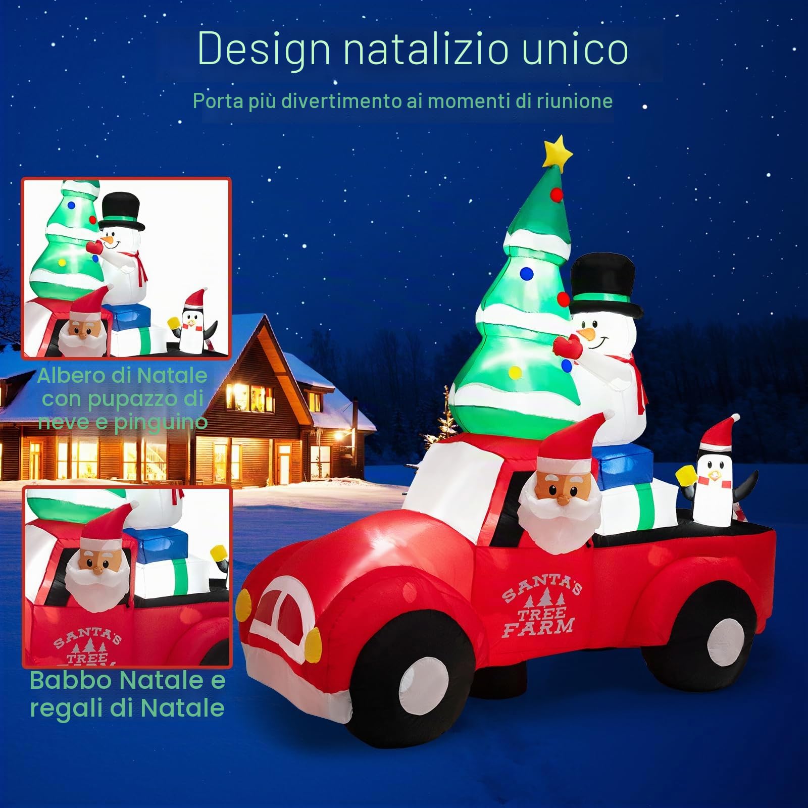 SOARS Decorazioni Natalizie, Babbo Natale Gonfiabile in Auto 240 CM, con Regalo, Pupazzo, Albero, Pinguino, Luce LED Incorporata, Addobbi Natalizi per Esterno Interno per Casa, Giardino, Cortile