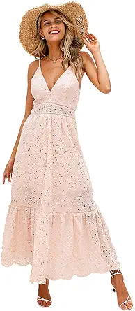 BerryGo Women's Embroidery Pearl Button Down Dress V Neck Spaghetti Strap Maxi Dress