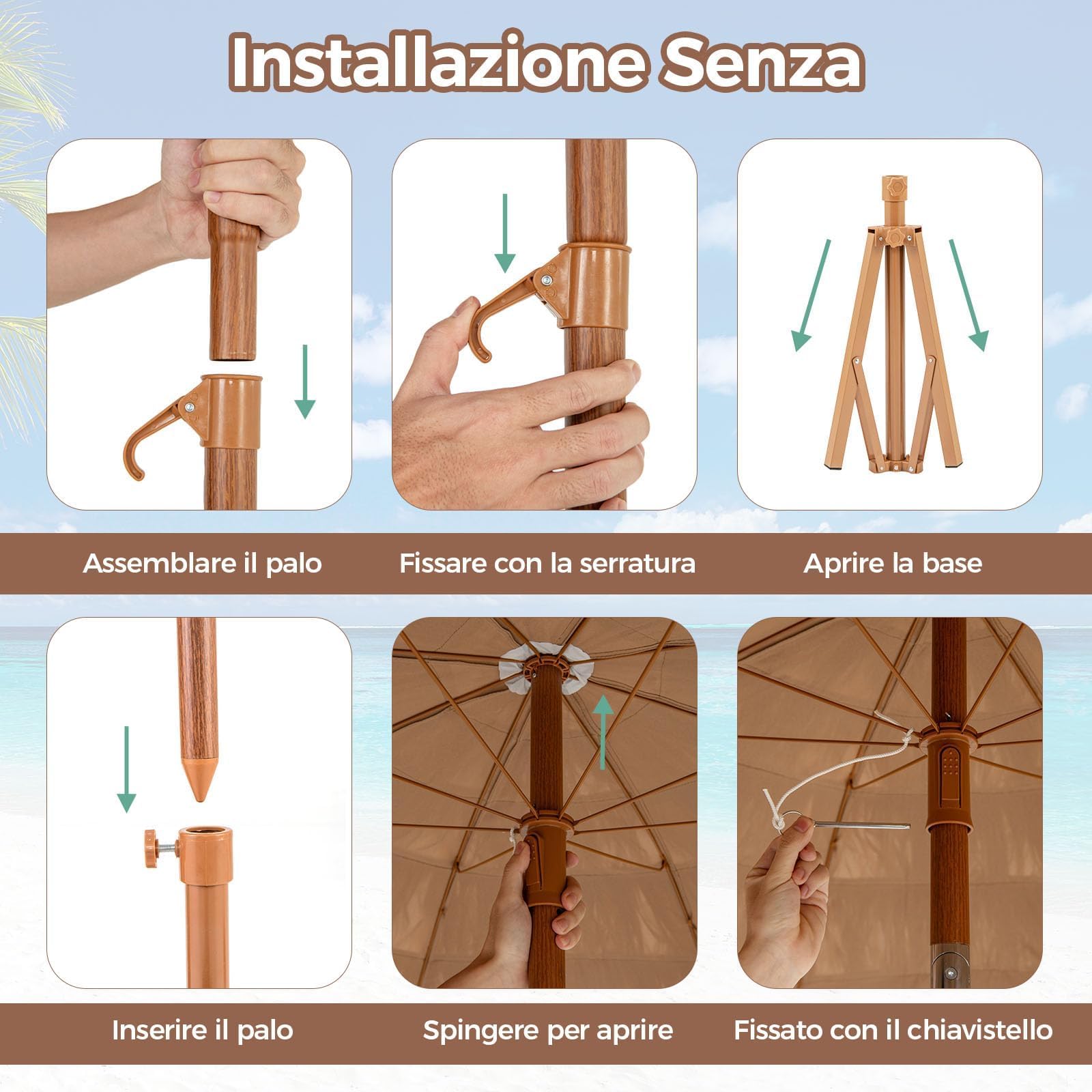 RELAX4LIFE Ombrellone da Spiaggia 200 cm con Base, Parasole Hawaiano in Paglia, Palo Reclinabile, Borsa per il Trasporto, Ideale per Spiaggio, Giardino e Balcone (Naturale)