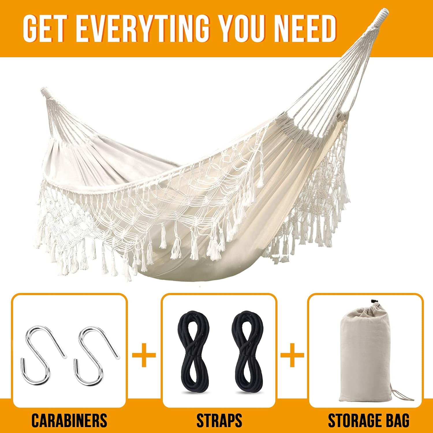 Hammock Boho Large Brazilian Macrame Fringe 2 Person Double Deluxe Hammock Swing,Perfect for Camping Outdoor/Indoor Patio Travel Bedroom Backyard(White)