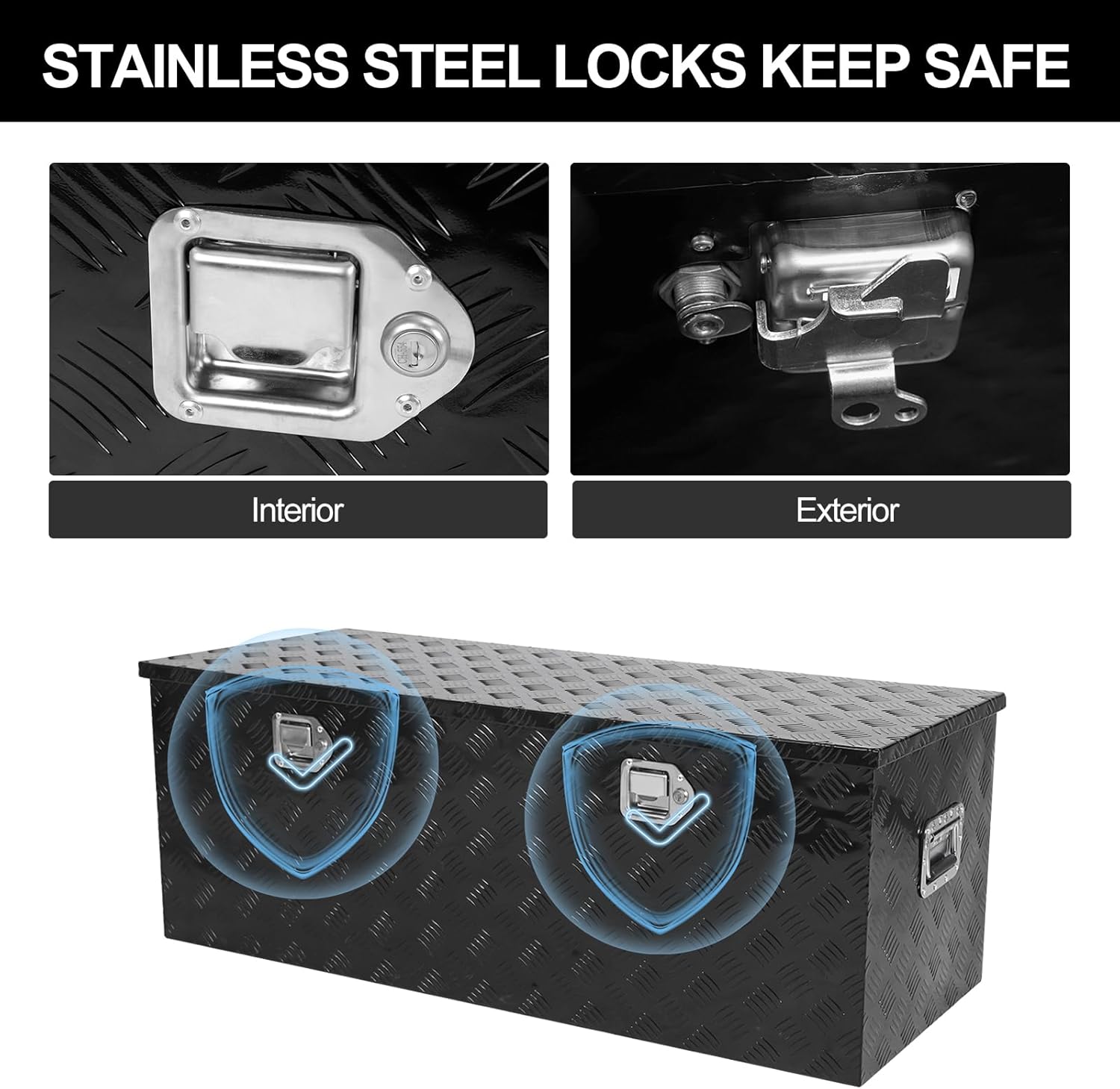 48 Inch Heavy Duty Aluminum Stripes Plated Truck Bed Tool Box with Side Handle Lock and Keys, 48×19.5×17.5 Inch Waterproof Storage Organizer for Pick up, Truck Bed, ATV, RV, Trailer