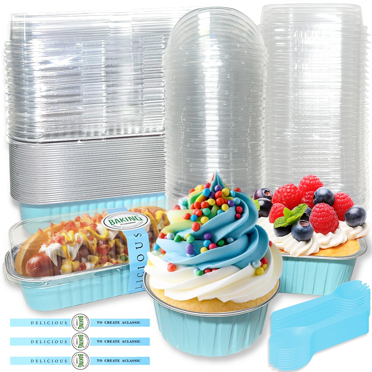 90Pcs Mini Cake Baking Cups with Lids, Spoons and Stickers, Mini Loaf Pans, Reusable Aluminum Cake Tins, Foil Baking Pans, Small Loaf Cases Boxes, Tart Pie Cakes Containers for Dessert (Blue)