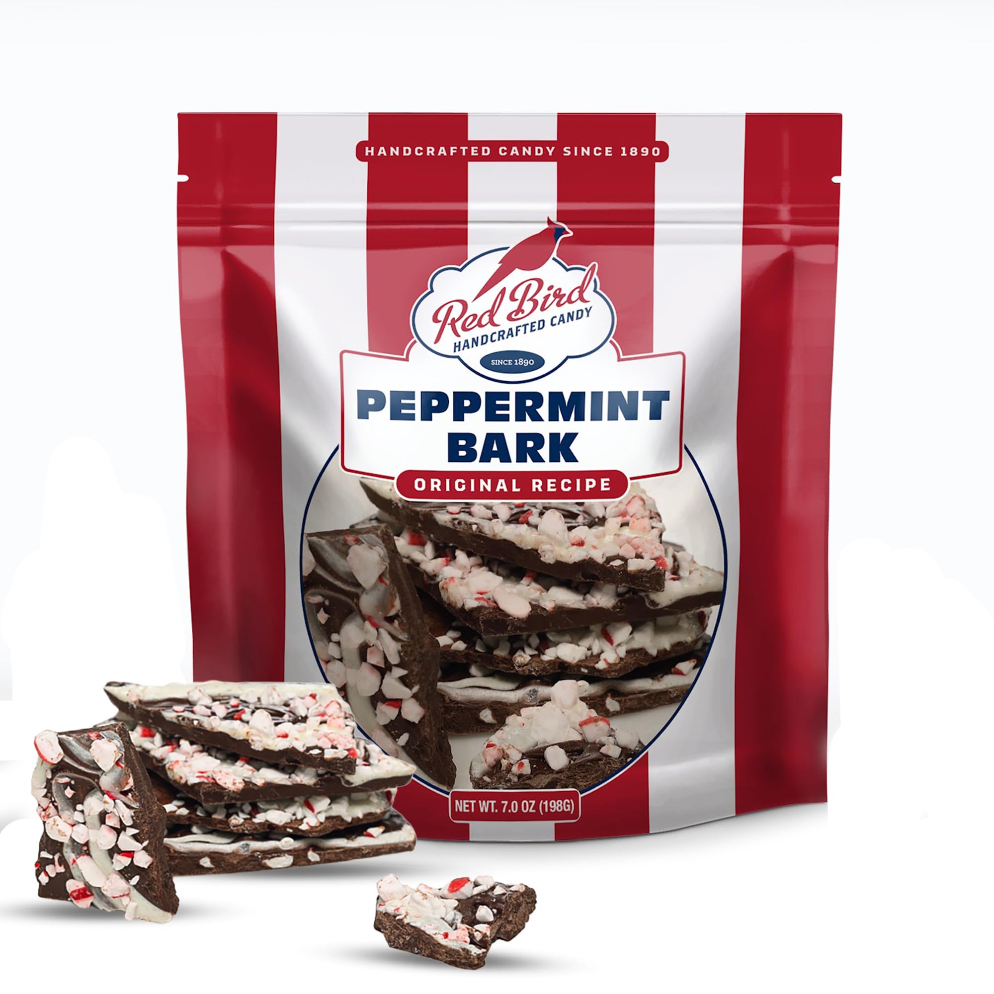 Red Bird Peppermint Bark with Luscious Layers of Dark and White Chocolate; Great Stocking Stuffer or Party Gift, 7 Ounce bag