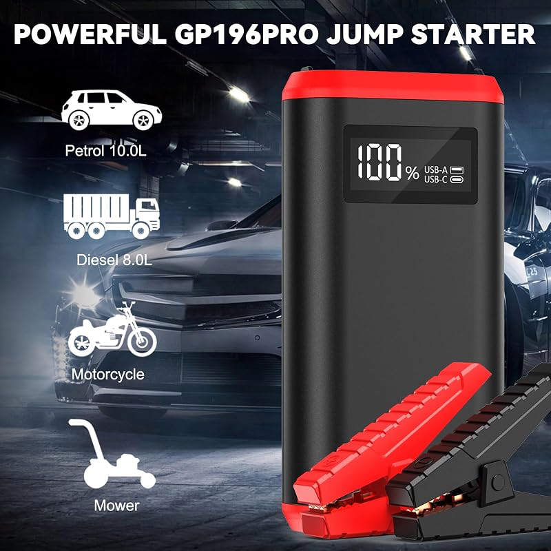 GREPRO Indítóakkumulátor 9.0L Benzin 7.0L Diesel 12V Autó Motorkerékpár LCD Kijelző LED Lámpa - Red-Pro