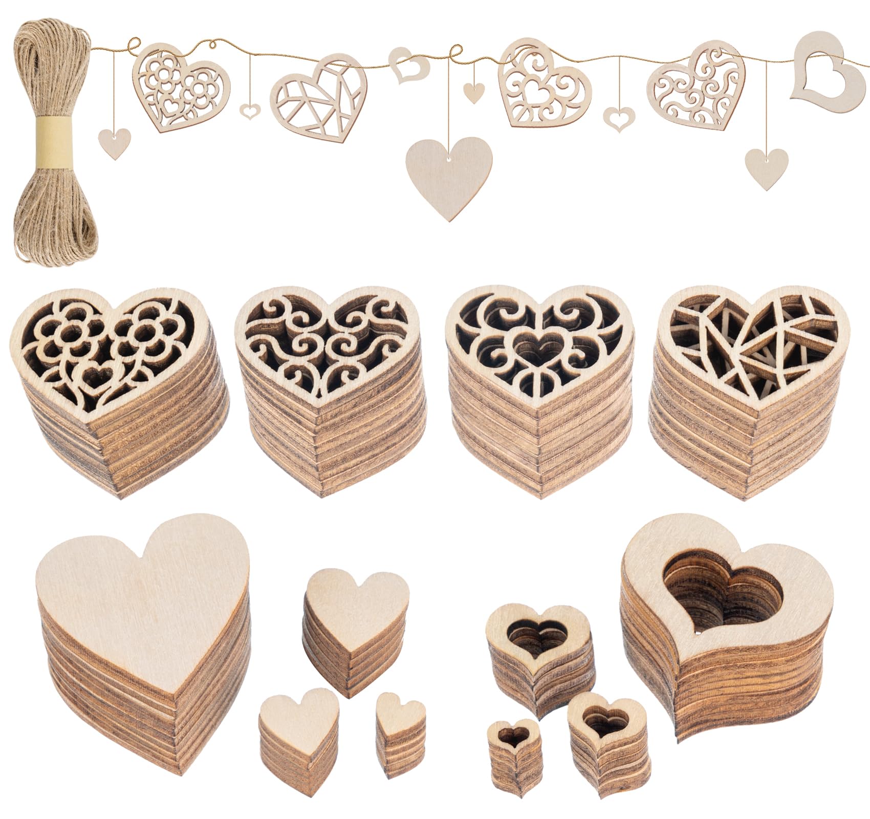 ilauke 550Pcs Wooden Hearts for Crafting, Unfinished Wooden Heart Embellishments, Mixed Small Wood Heart Slices Crafts with 20M Natural Twine for Wedding, Anniversary, Party Decoration,Christmas