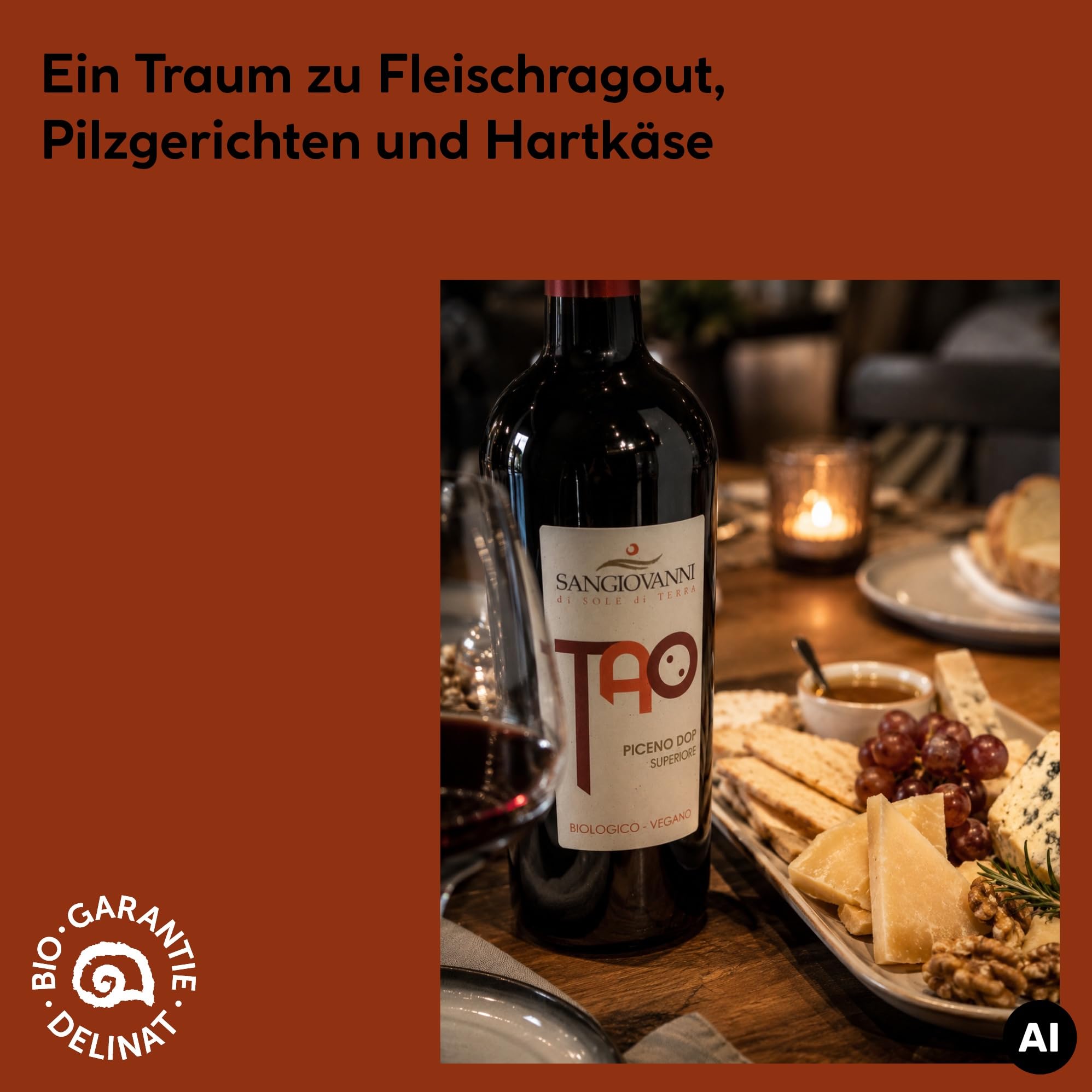 DELINAT Tao Piceno 2021 – Italienischer Bio-Rotwein trocken aus den Marchen | Premium Cuvée aus Montepulciano und Sangiovese - Veganer Qualitätswein aus Holzfass-Ausbau 6 x 0,75l