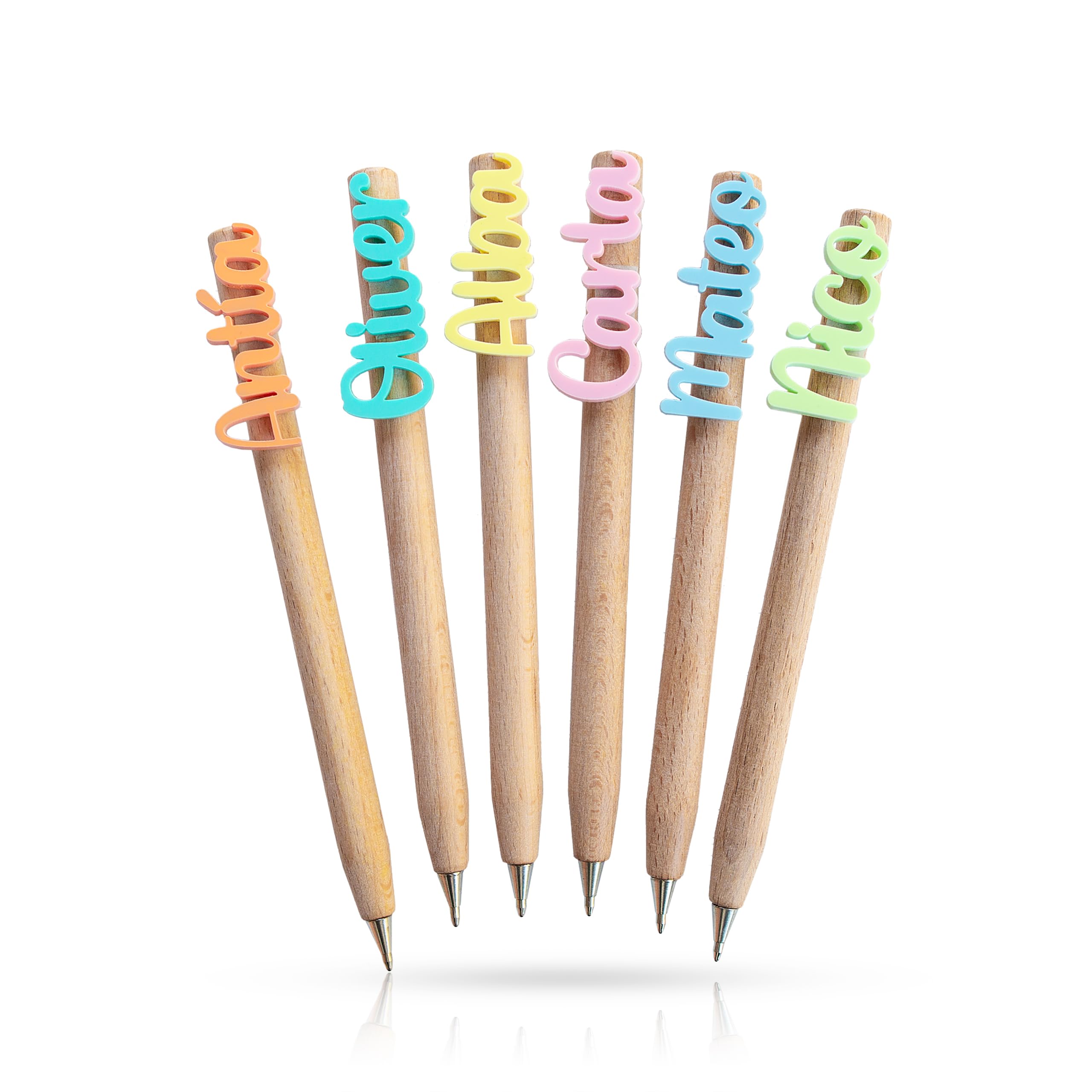 Personalised pen with name made of wood and coloured methacrylate. Marcasities. Birthday gift, communion, christening and wedding for children. Unit or pack of 3, 5, 10, 25 and 50.