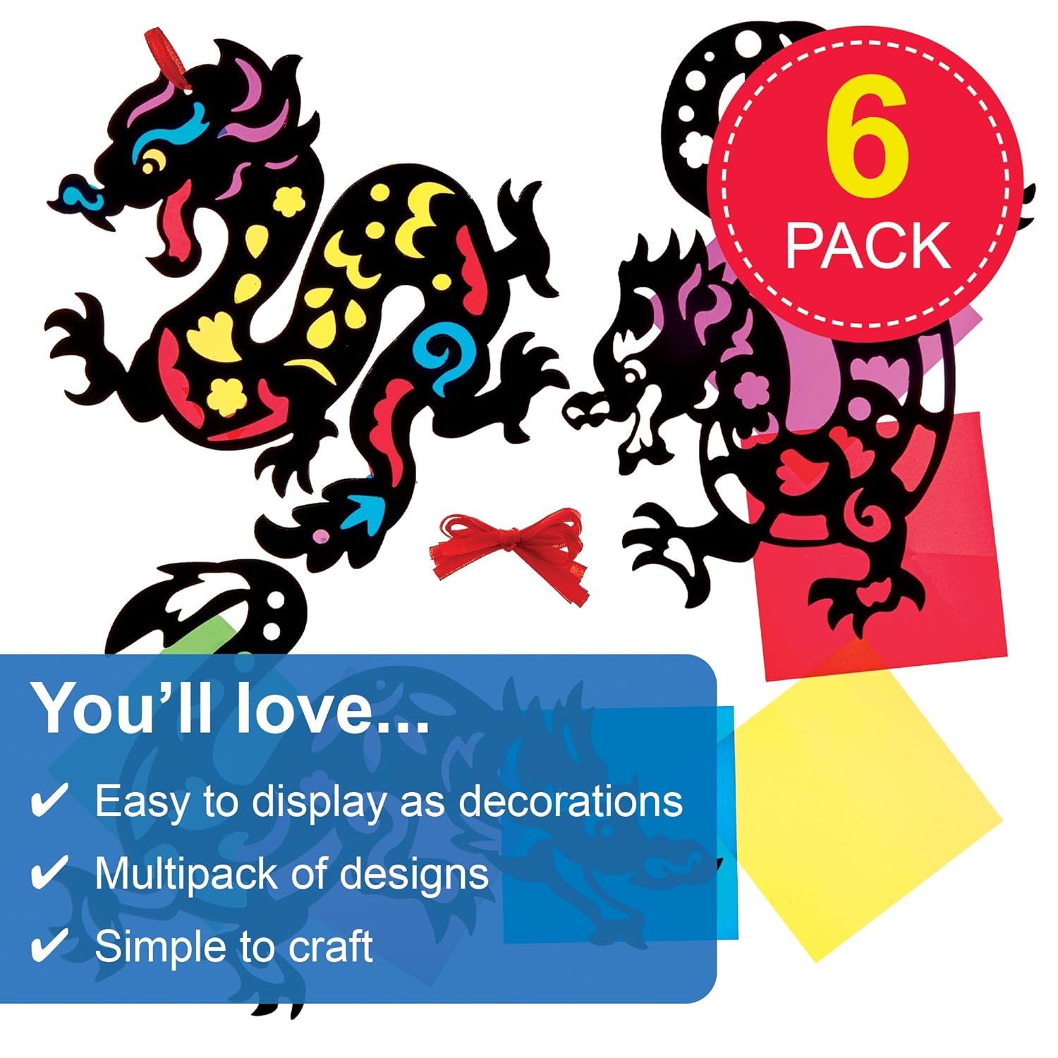 Baker Ross FX920 Year of The Dragon Stained Glass Decoration Kits - Pack of 6, Kids Arts and Crafts Decoration Kits