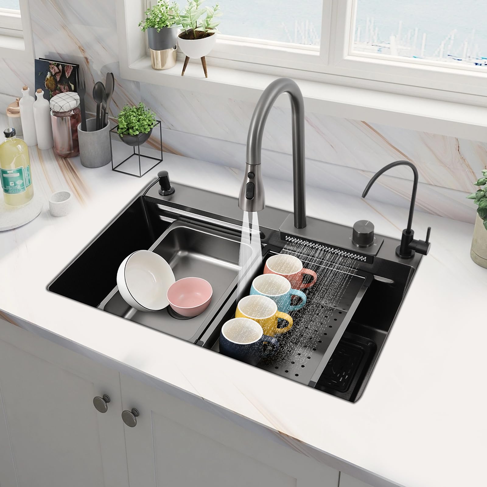 75x46x22cm Fregadero de Cocina,Fregadero de Cascada de acero inoxidable,con grifo extraíble de agua fría/caliente,escurridor,tabla de cortar,filtro de agua,Fregadero de un solo cuenco,Negro