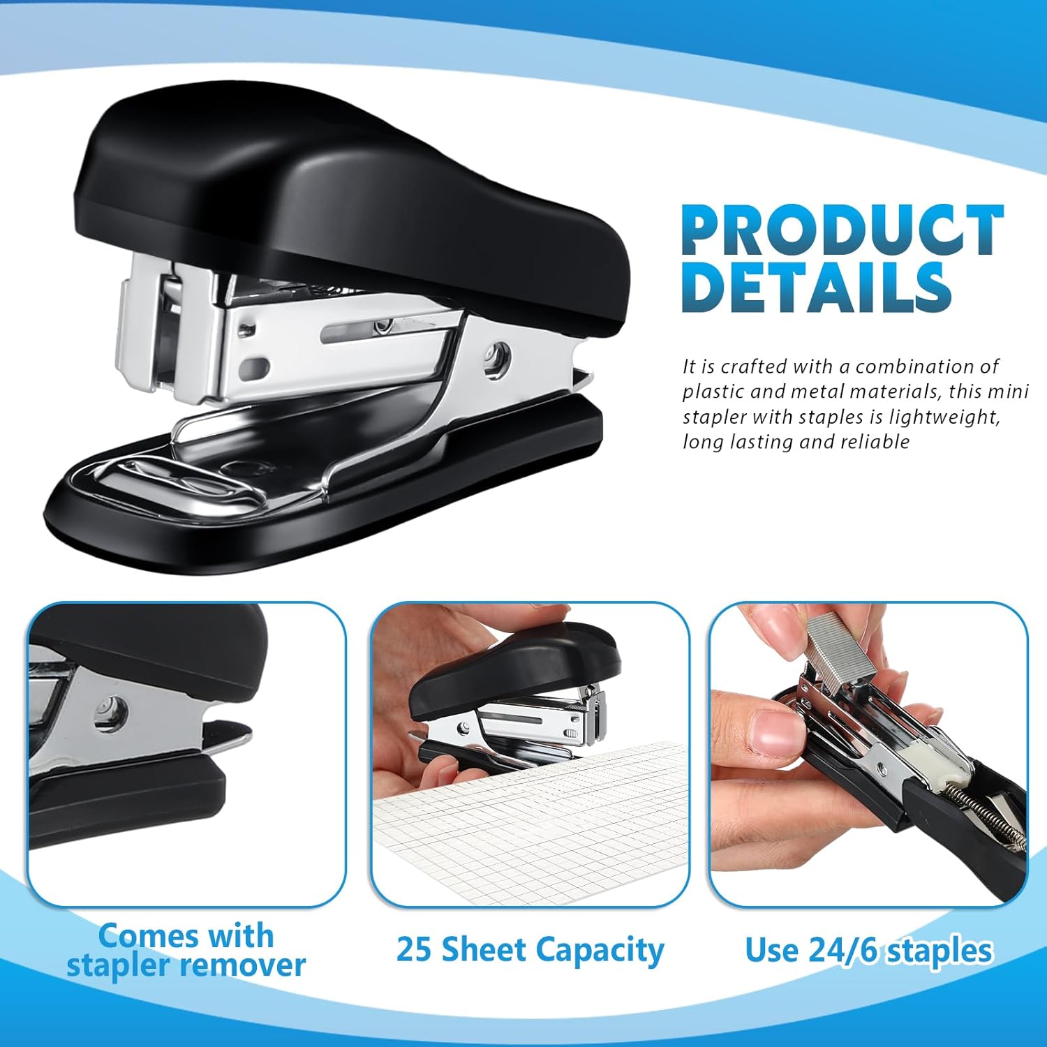 Sherr 20 Pack Mini Staplers Bulk 20 Pcs Staple Remover with 15000 Nail Office Staplers for Desk 25 Sheet Capacity Back to School Students Teachers Supplies for Classroom Office Business Black