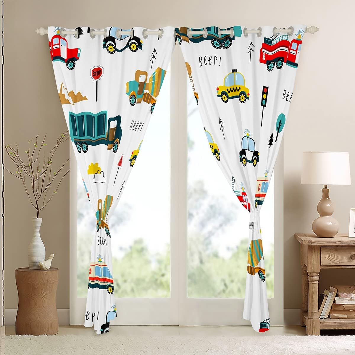 Feelyou Cartoon Car Curtains for Bedroom Living Room (2 Panels, 52 x 63 Inch) Kids Construction Site Cars Blackout Curtains Cute Trucks Darkening Dreapes Vehicles Window Treatments