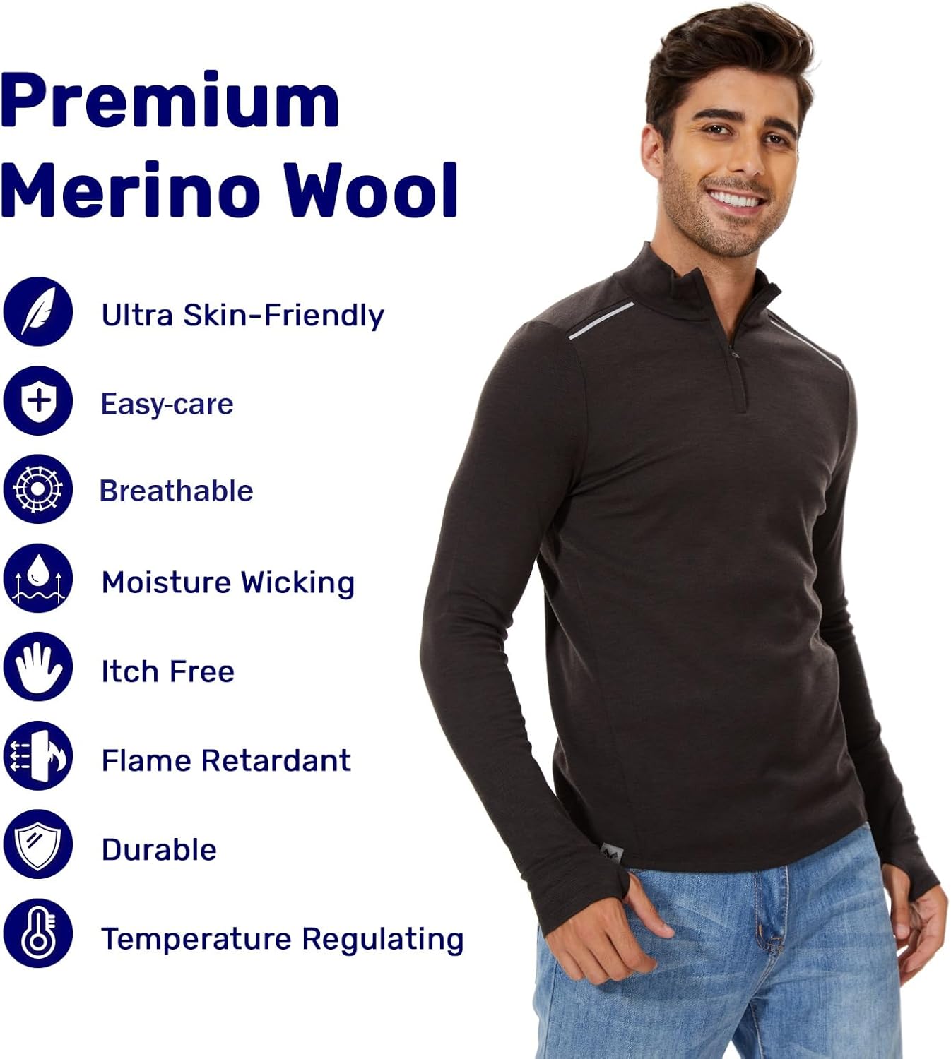MERINNOVATION Merino Wool Base Layer for Mens - Wool Half Zip Sweater Long Sleeve Midweight Quarter Zip Thermal Men Shirt - Image 2
