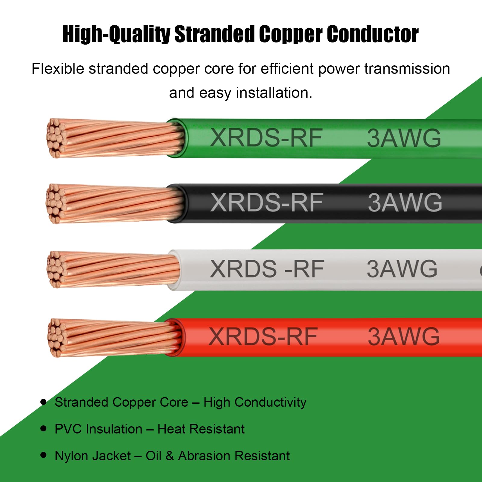 XRDS -RF 3 AWG THHN trenzado Alambre de cobre, cable de tierra verde 100FT, cable de construcción nominal de 600V, ideal para cableado de paneles, conexión a tierra, circuitos de iluminación, sistemas