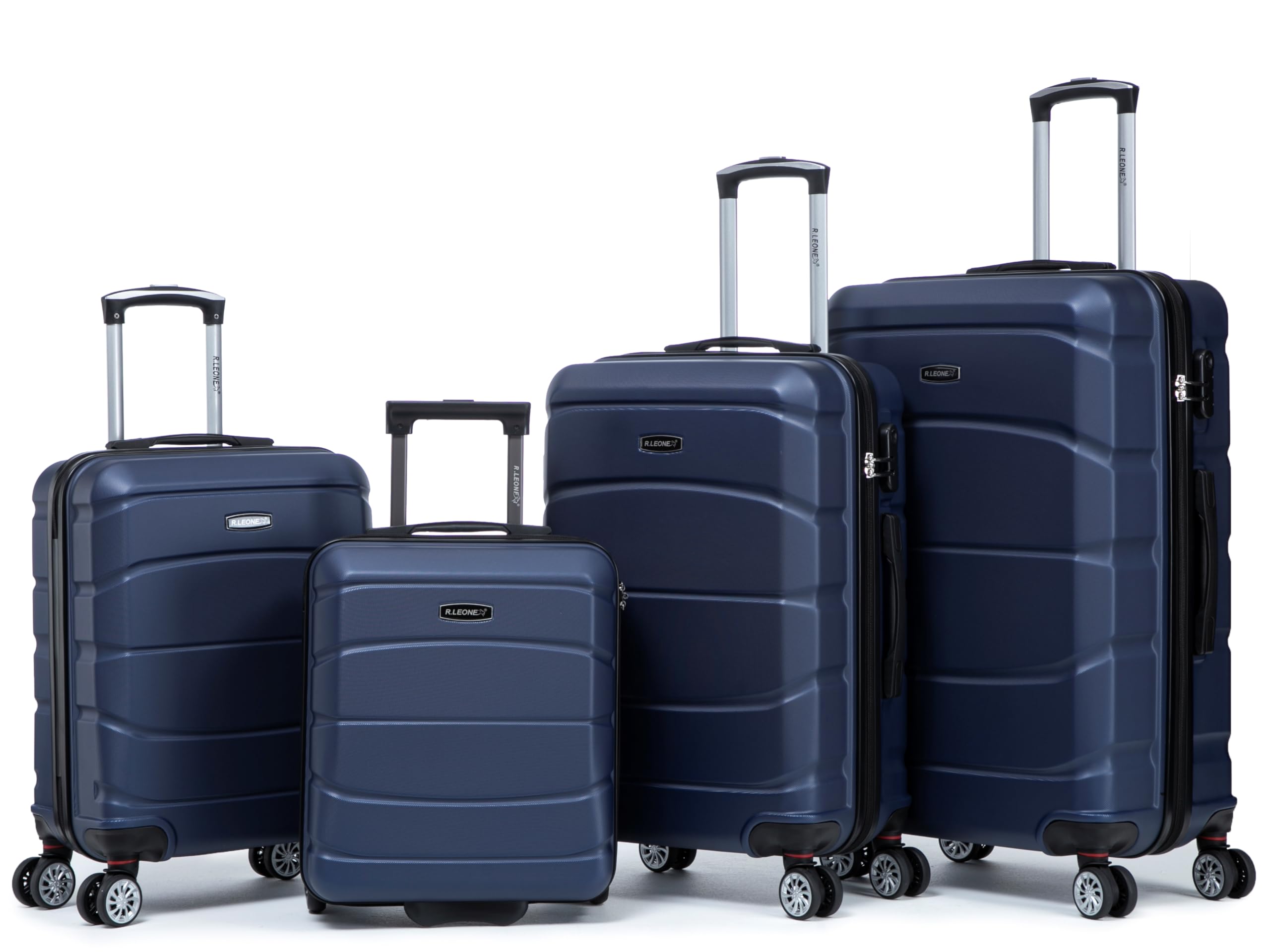 R.Leone Valigia da 1 Fino a Set 4 Trolley Rigido grande, medio, bagaglio a mano 55x40x23 cm Wizz, ITA Airways e bagaglio 45x36x20 cm EasyJet in ABS 8001 (Blu, Set 4 Pezzi XS S M L)