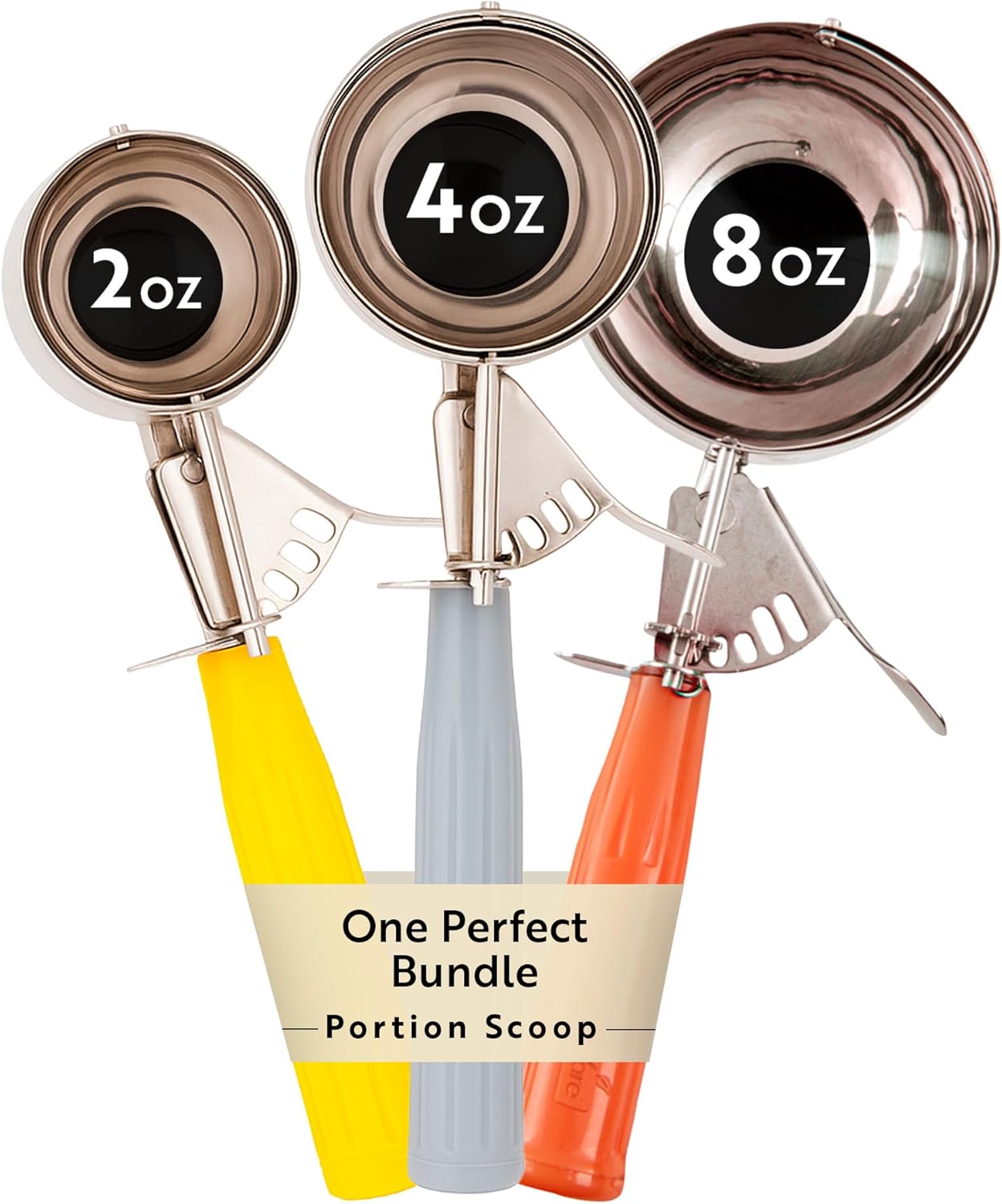 Restaurantware 3-Pc Stainless Steel Trigger Ice Cream Scoops Set - 2oz Yellow, 4oz Gray, 8oz Orange Dishers for Cookies, Batter, Portion Control