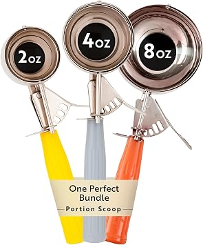 Restaurantware Bundle 3 Ice Cream Scoops Trigger Release Stainless Steel Dishers 2/4 / 8 Ounce Cookie Scoops For Baking, Yellow, Gray and Orange, Portion Control, Cookie Dough, Cupcake Batter