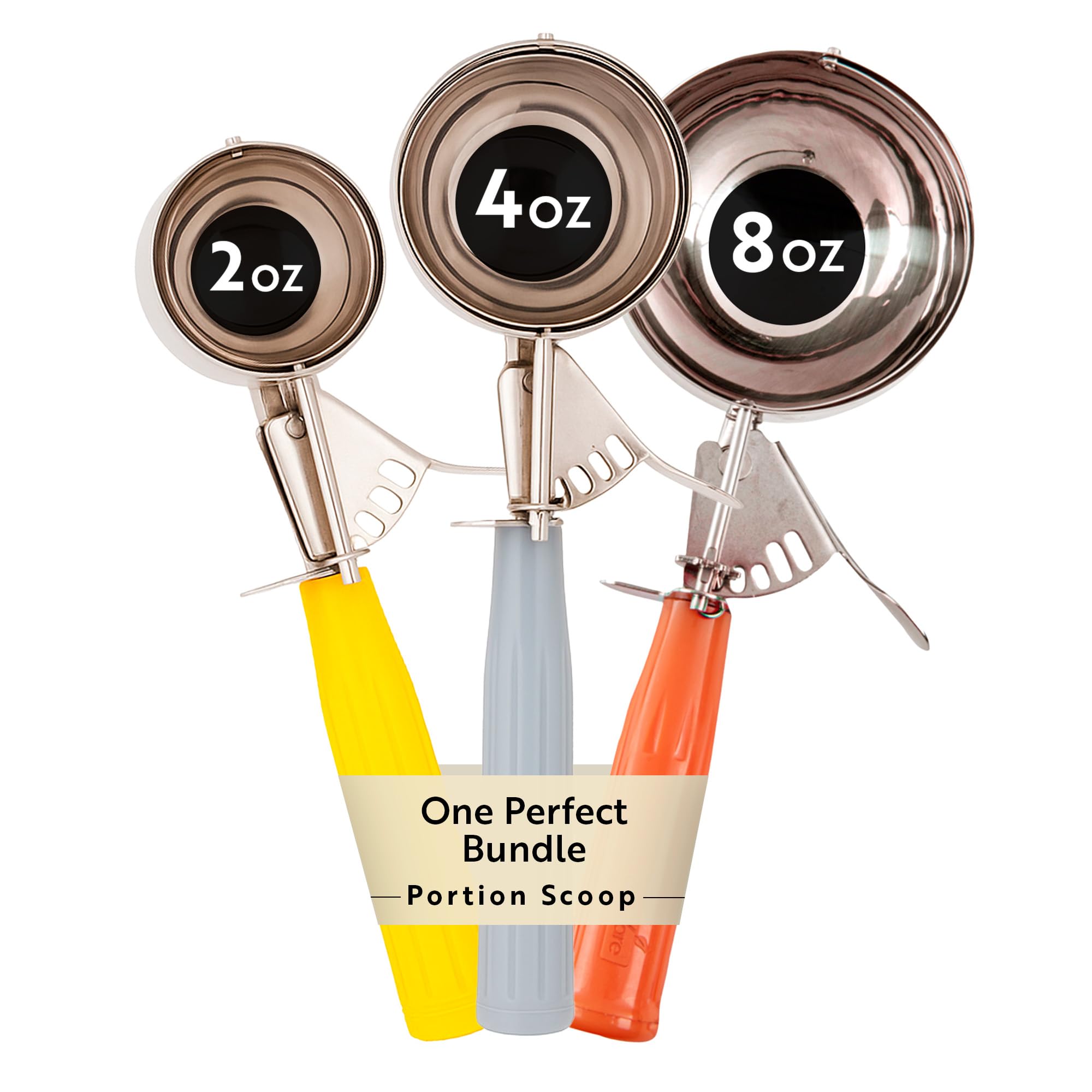 Restaurantware Bundle: 3 Ice Cream Scoops Trigger Release Stainless Steel Dishers 2/ 4 / 8 Ounce Cookie Scoops For Baking, Yellow, Gray and Orange, Portion Control, Cookie Dough, Cupcake Batter