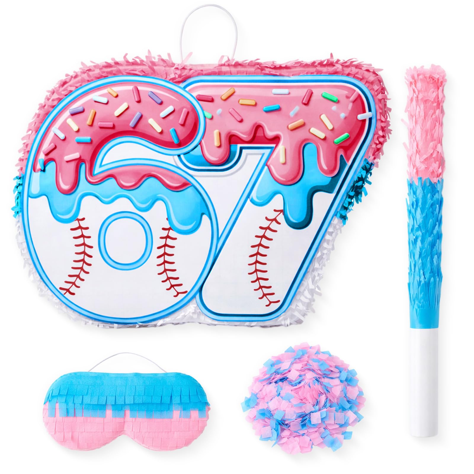 Soulchen Piñata sur le thème du baseball numéro 6 7 avec bâton de chauve-souris, bandeau pour les yeux et confettis pour décorations de fête d'anniversaire amusantes à thème Six Seven
