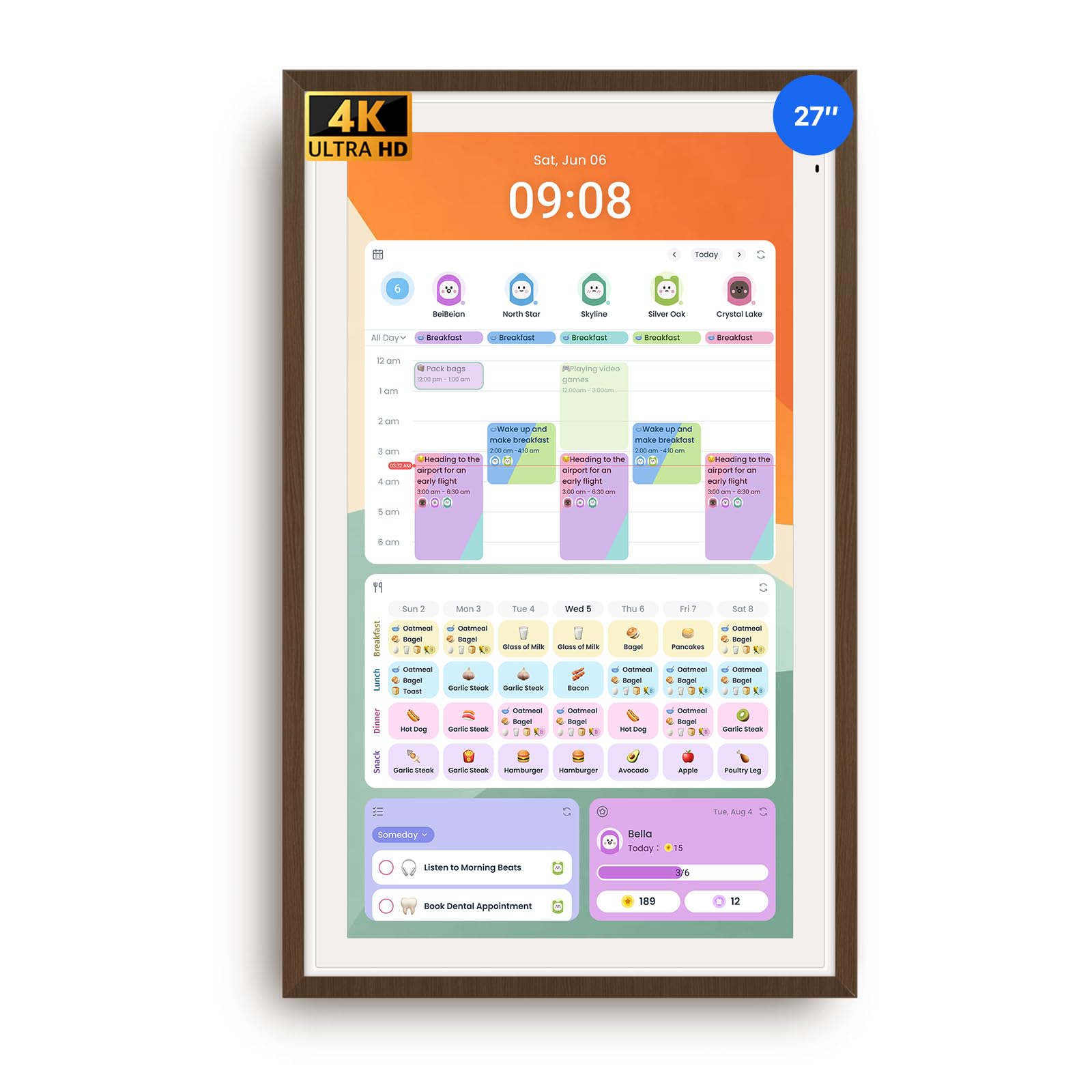 Apolosign 27-inch 4K Digital Calendar, No-Subscription, Smart Wall Planner with Calendar Sync, Chore Chart, Meal, Apps &amp; Dashboard, Electronic Touchscreen Display for Family Schedules, Dual Mode (Dark Oak)
