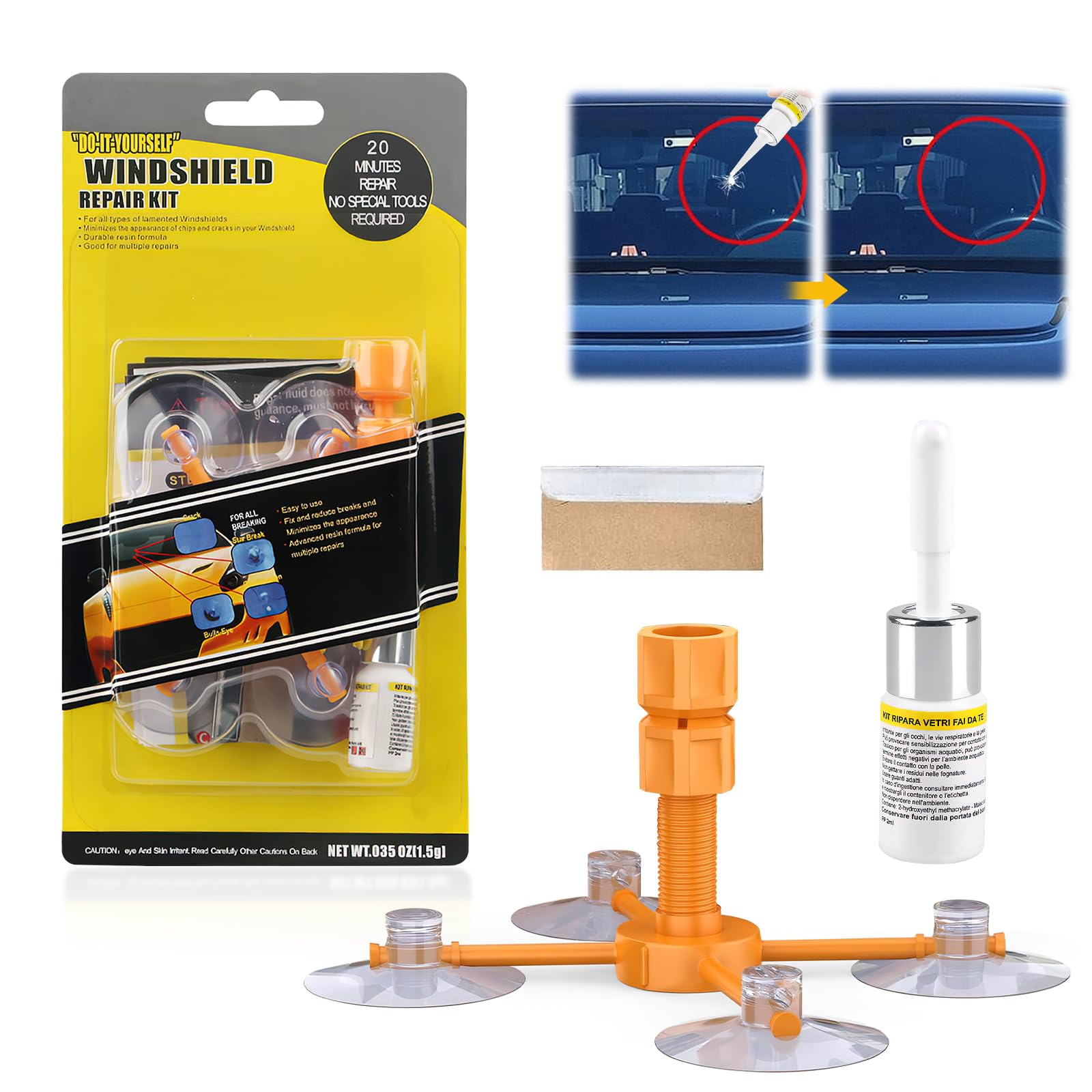 ZoneYan Kit di riparazione per parabrezza, set di riparazione per parabrezza, set di riparazione per parabrezza auto, per riparare crepe lunghe, fori, crepe, ragnatele e stelle