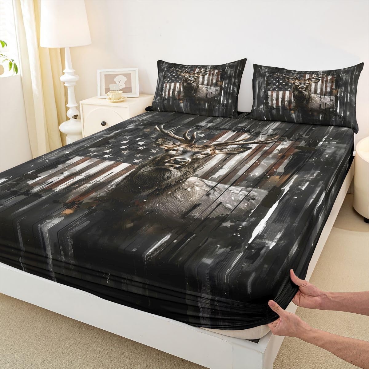 Homemissing Sábana bajera ajustable con 2 fundas de almohada, tamaño King, con diseño de bandera americana, bolsillo profundo de 40,6 cm, para niños y niñas, decoración de dormitorio de adolescentes