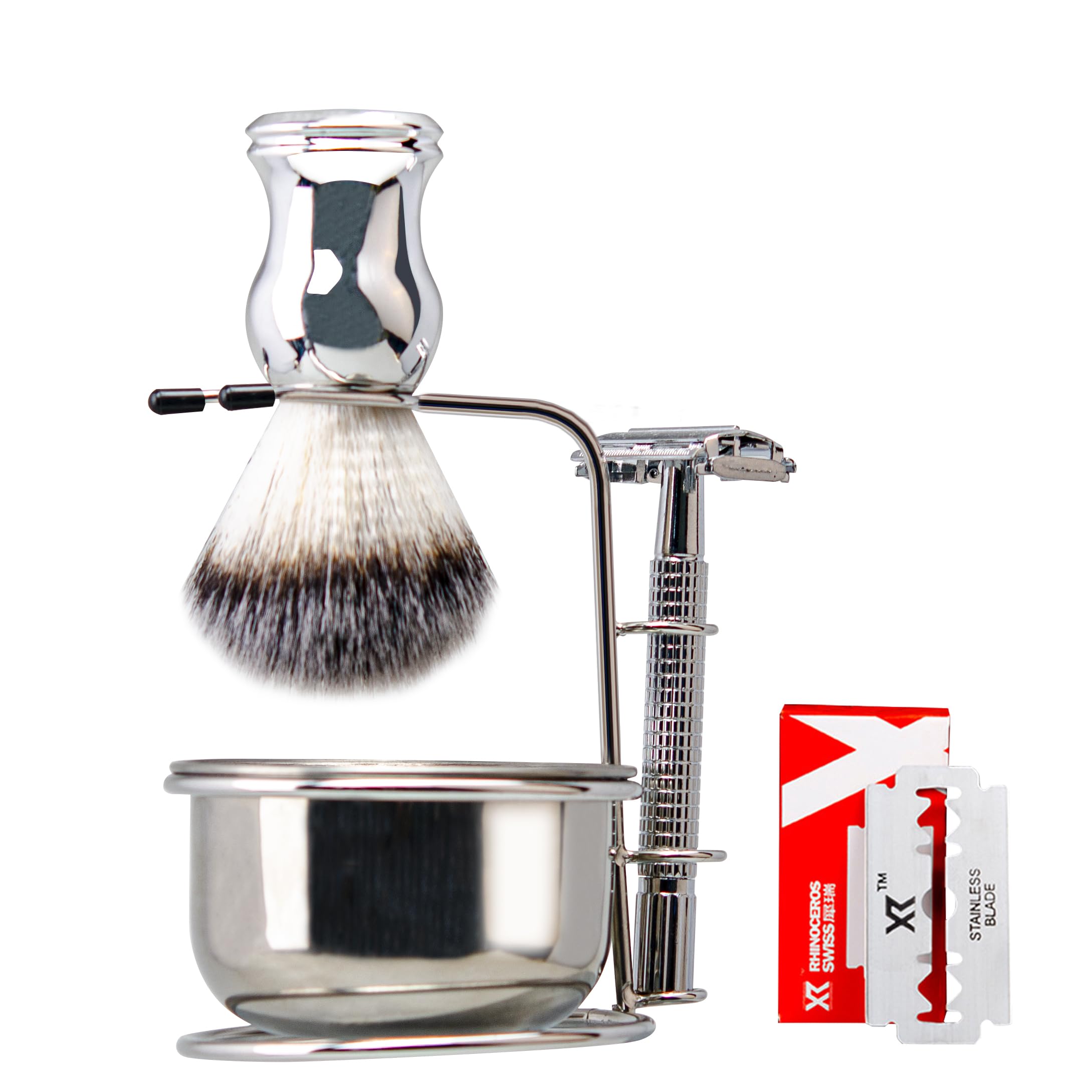 Grandslam Shaving Brush and Bowl Kit for Men, 4 in 1 Shaving Brush Set, Include Butterfly Open Safety Razor, Stainless Steel Shaving Soap Bowl and