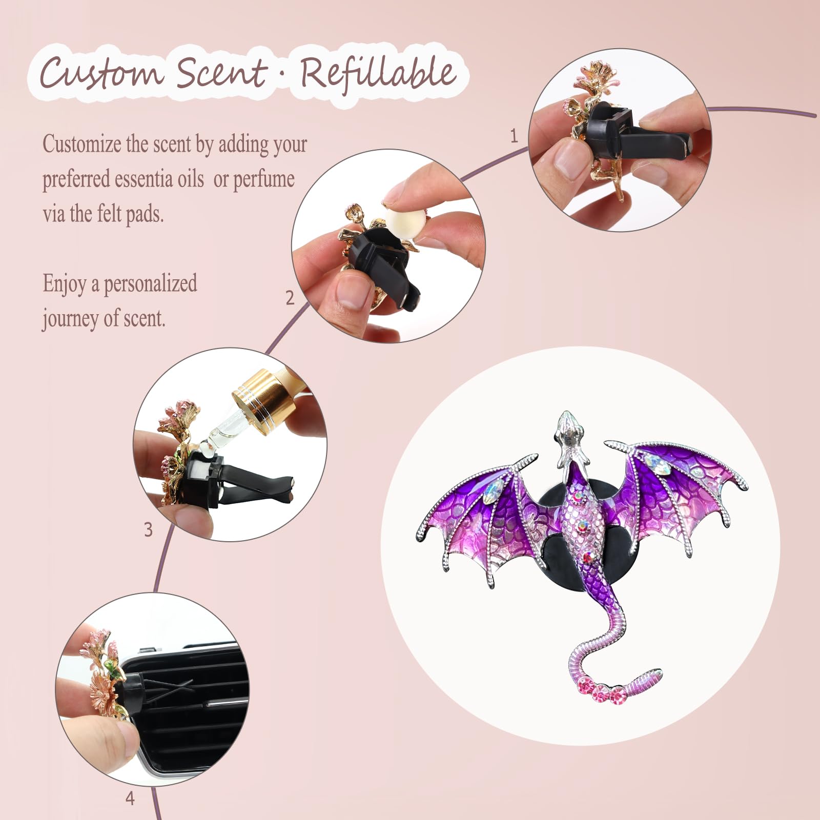 Bling Wyvern Car Air Freshener Vent Clips 2pcs Alloy Purple Enamel Dragon Vent Clips Car Accessories Refillable Car — view 6