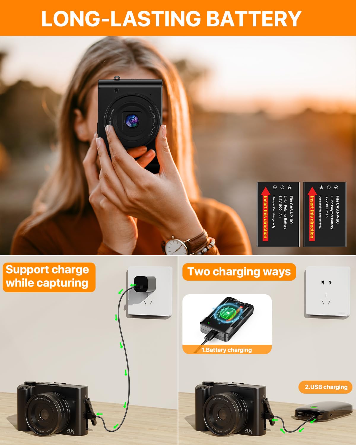 Cámara Digital 4K, 64 MP Dual Camera Antivibración Vlogging Cámara Fotográfica con Tarjeta de Memoria de 32 GB, Zoom Digital 16X, 2 baterías y Cargador, y Cámara Compacta para Principiantes