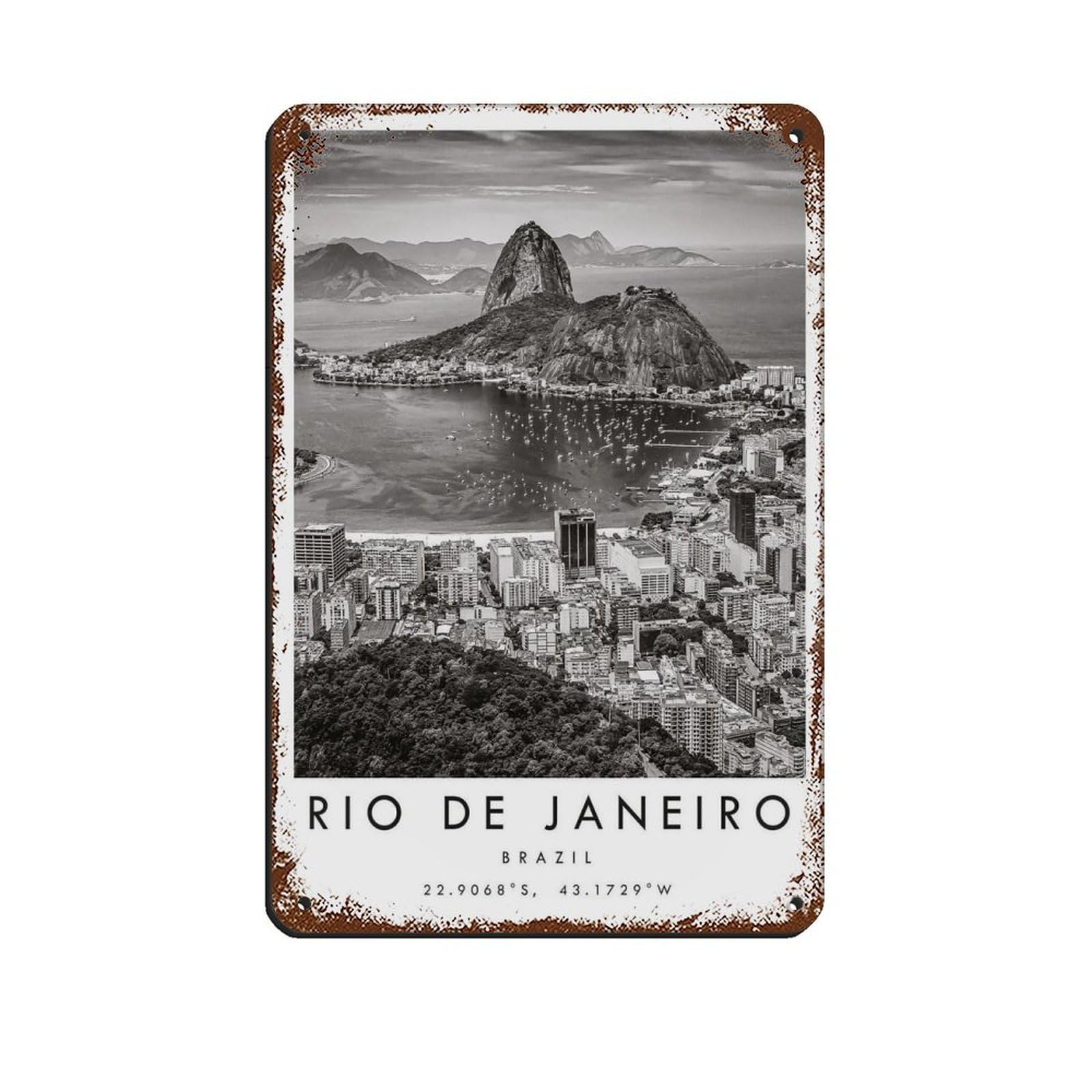 Rio De Janeiro Travel, Black And White Travel Tin Sign Vintage Metal Pub Club Cafe Bar Home Wall Art Decoration Poster Retro 8x12inch(20x30cm)
