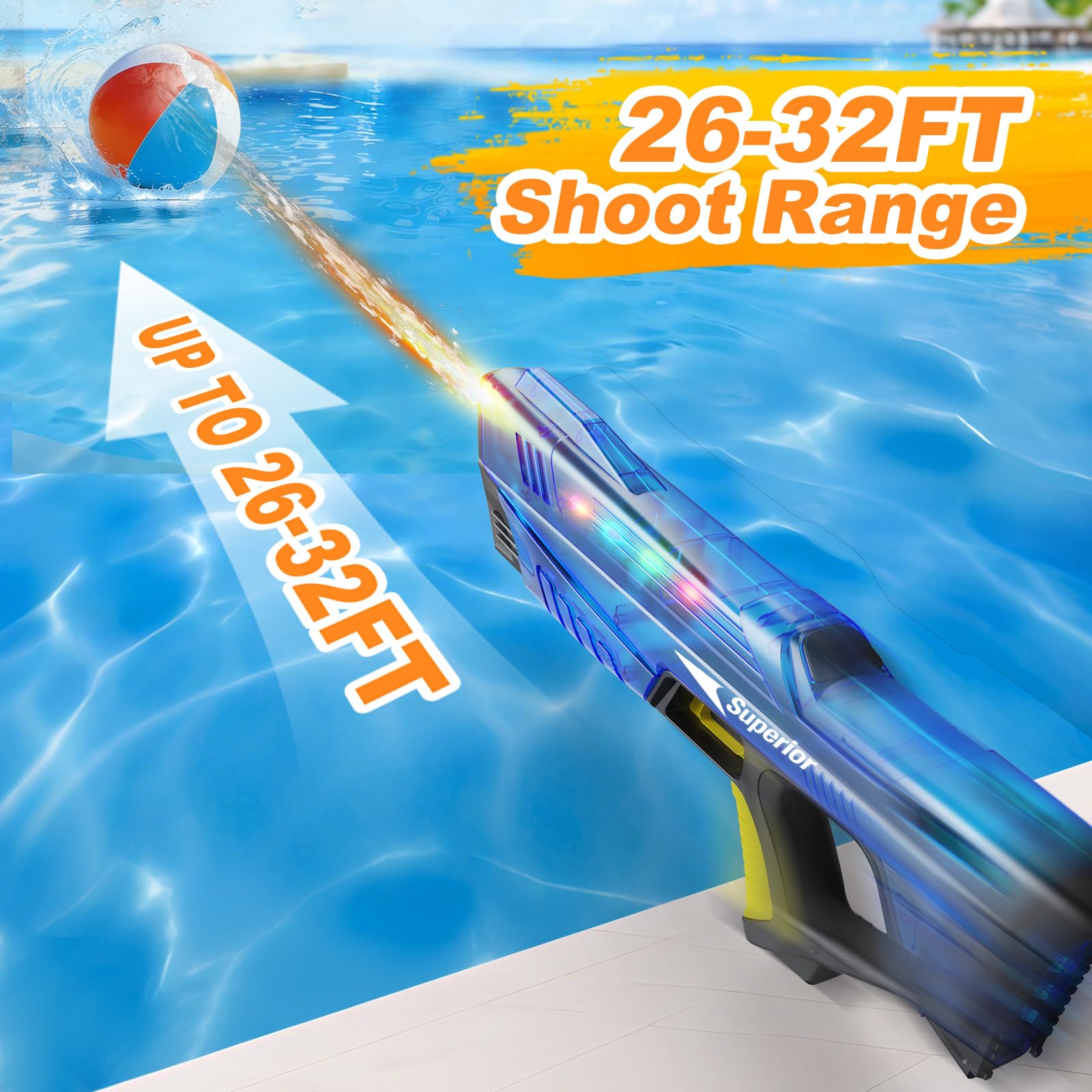 Electric Water Gun for Adults & Kids with Colorful LED Light,Automatic Fill Up Water Blaster Squirt Guns with Flashing Head,Range up to 32FT, Summer Outdoor Toy for Swimming Pool Beach Party(Blue) - 3