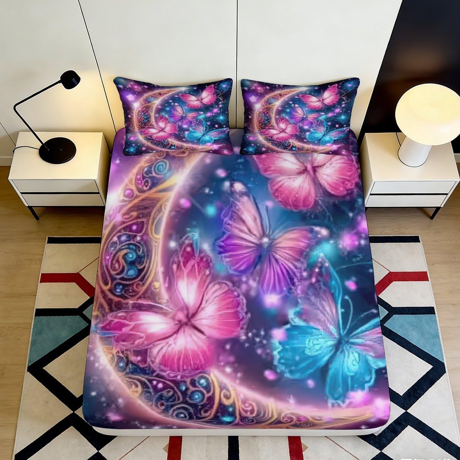 3D Printed Butterfly Fitted Sheet Microfiber Deep Pocket Non-Slip Elastic Hem for Bedroom Butterfly Mattress Fitted Cover 200x200x25cm
