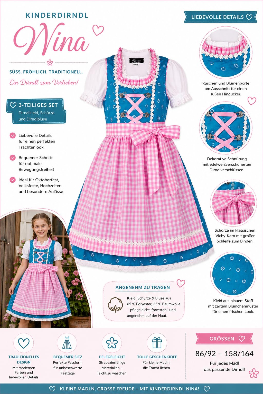 Ramona Lippert® - Dzieci Dirndl dla dziewczynek - zestaw Dirndl NINA - turkusowy + różowy - w zestawie sukienka, fartuch i bluzka - świąteczny strój - rozmiar 86 do 164, turkusowy, 146-152