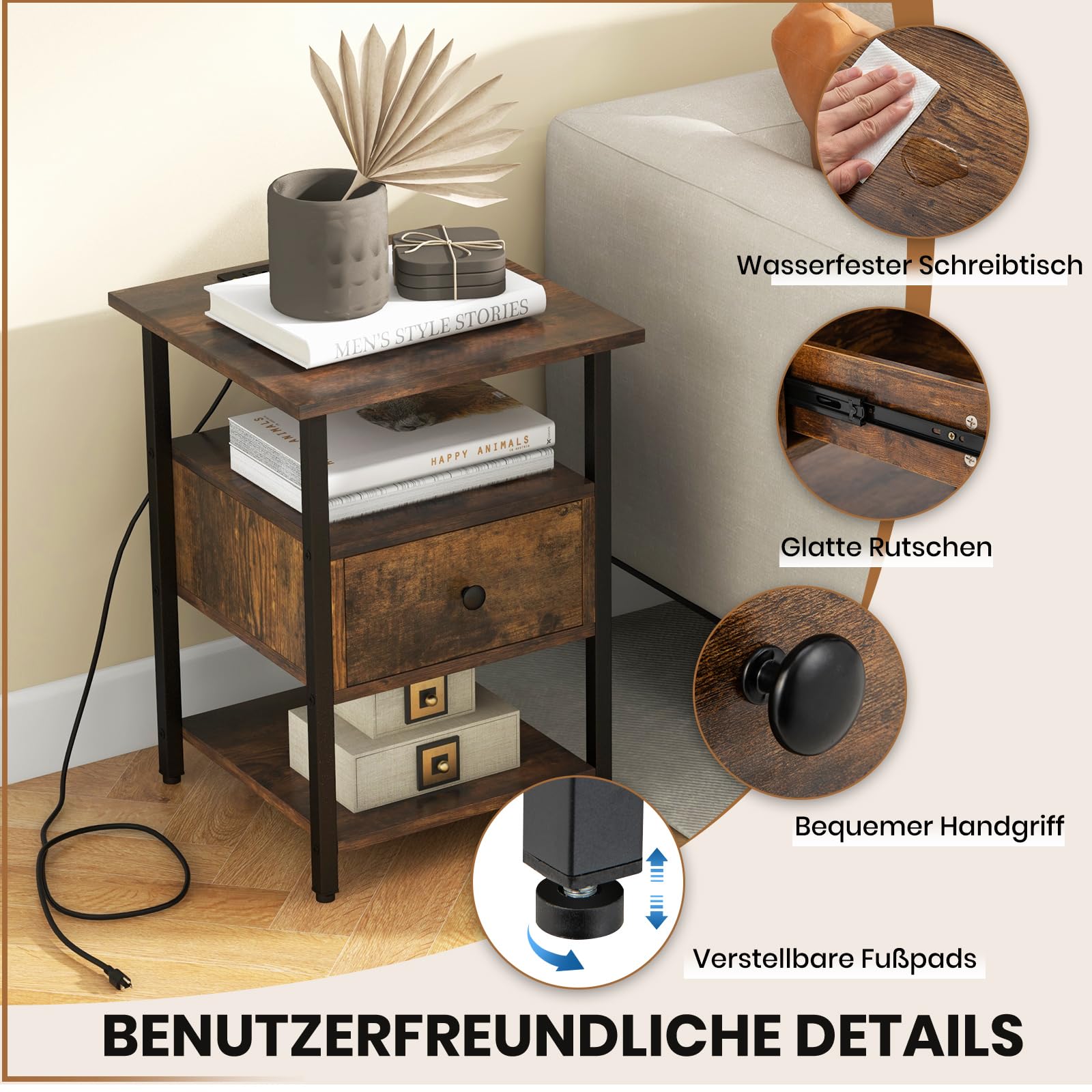 RELAX4LIFE Nachttisch mit Ladestation, Nachtschrank mit 2 Steckdosen, 1 USB- & Typ-C-Anschlüsse, Beistelltisch mit 1 Schublade & offenen Ablagen, für Wohnzimmer, Schlafzimmer, 40 x 40 x 55 cm (1)