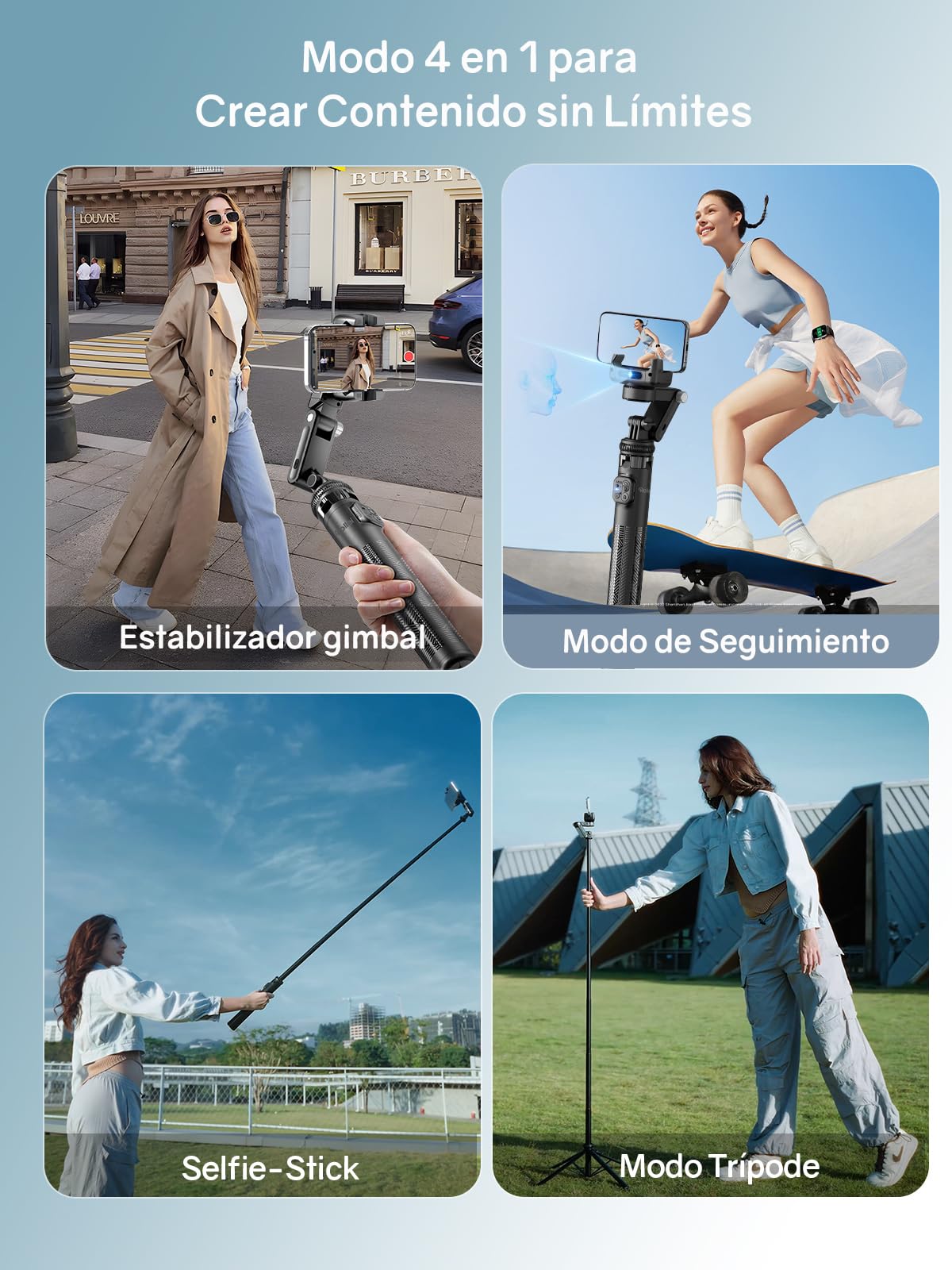 Rollei Trípode Estabilizador para Movil con Seguimiento Facial Automatico | 360 Giratorio Gimbal Palo Selfie Ajustable 45~156cm Compatible con iPhone/Android, Estabilizador-Movil-Gimbal-Tripode