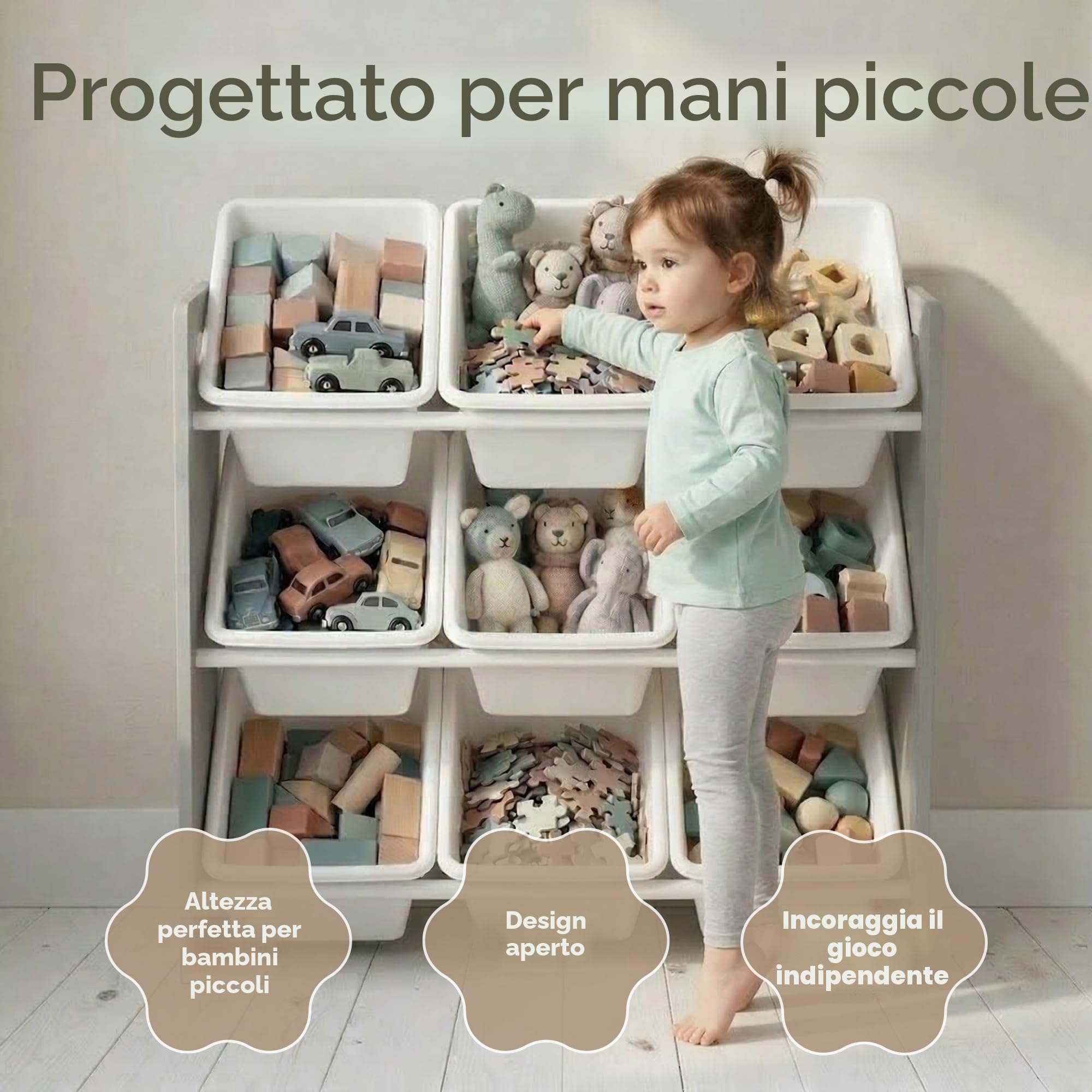 HumbleCrew Scaffale Bambini Moderno: Organizer Giocattoli con 9 Contenitori, Design Grigio/Bianco Elegante, Ideale per Camerette Stile e Ordinate