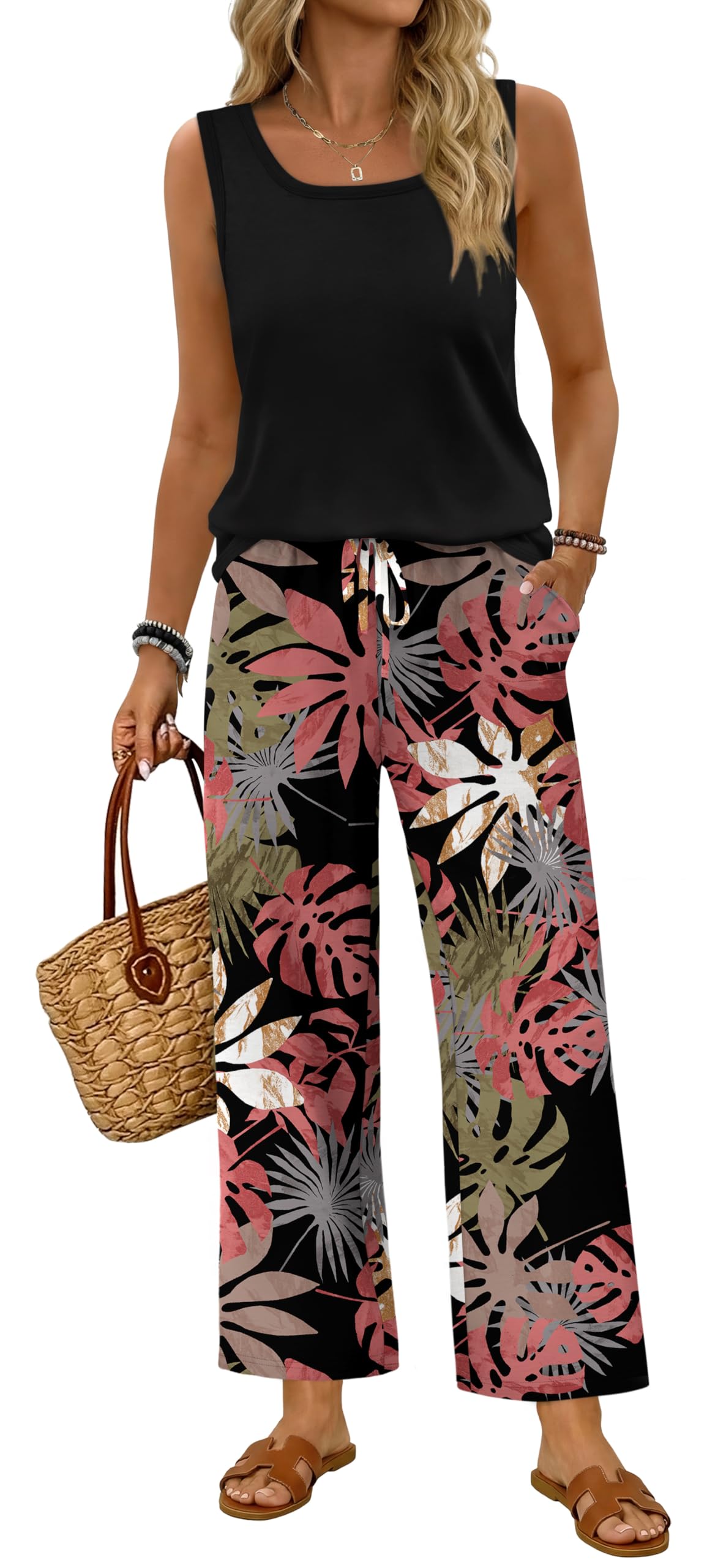 WIHOLL Two Piece Sets for Women Summer Spring Outfits Tank Square Neck Sleeveless Travel Vacation Lounge Wide Leg Pants Set — view 12