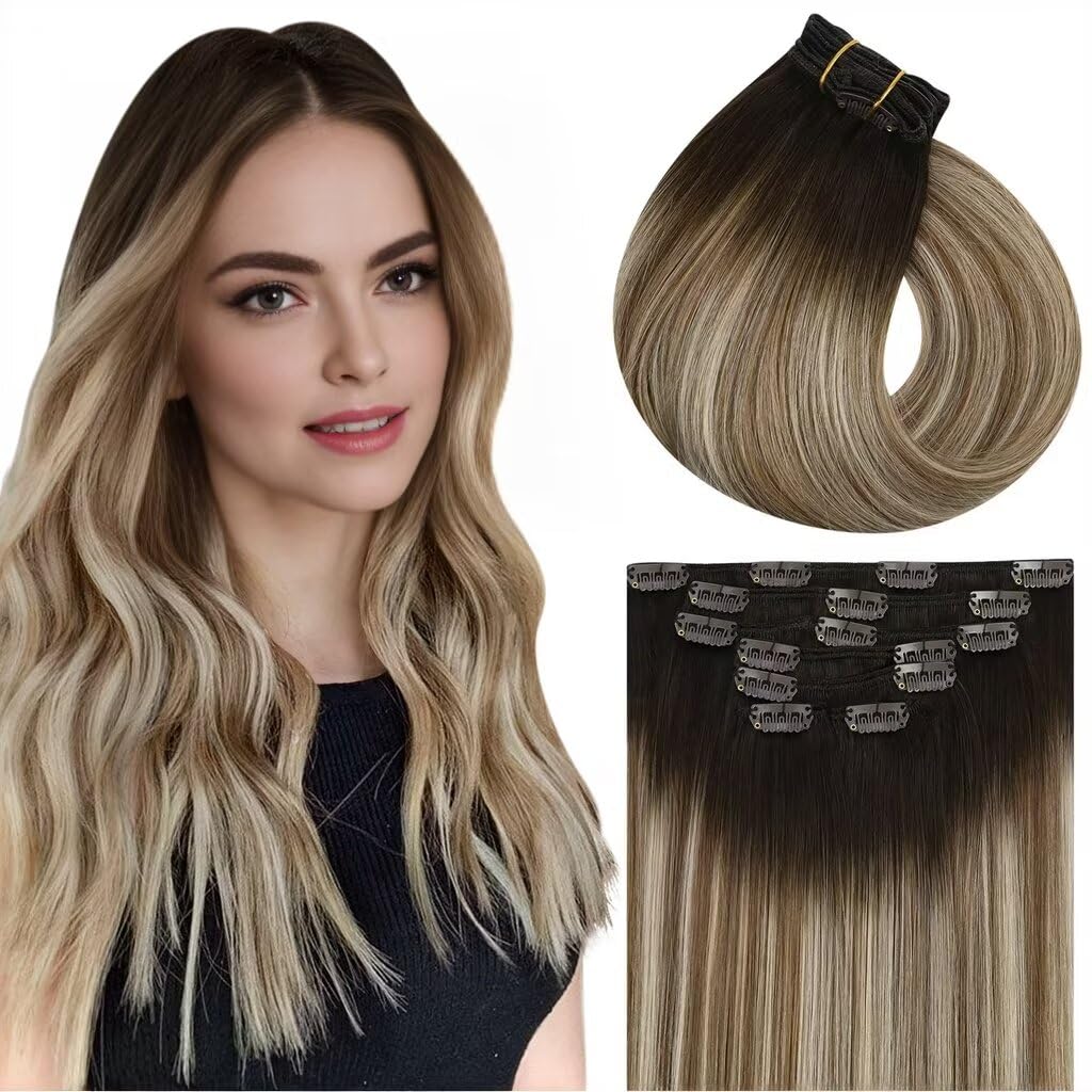 Vivien Human Hair Extensions Clip in Brown Balayage 24 Inch Invisible Clip in Extensions Natural Hair Brown Ombre Light Blonde for Women Long 7Pcs 135g #3/8/24