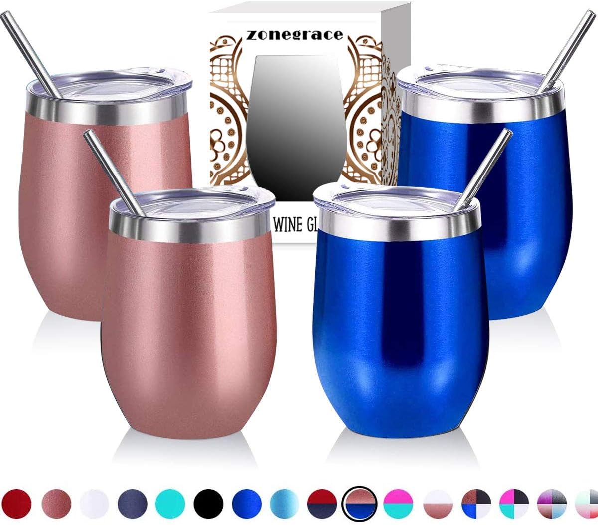 ZONEGRACE 4 pack 12 oz Stainless Steel Stemless Wine Glass