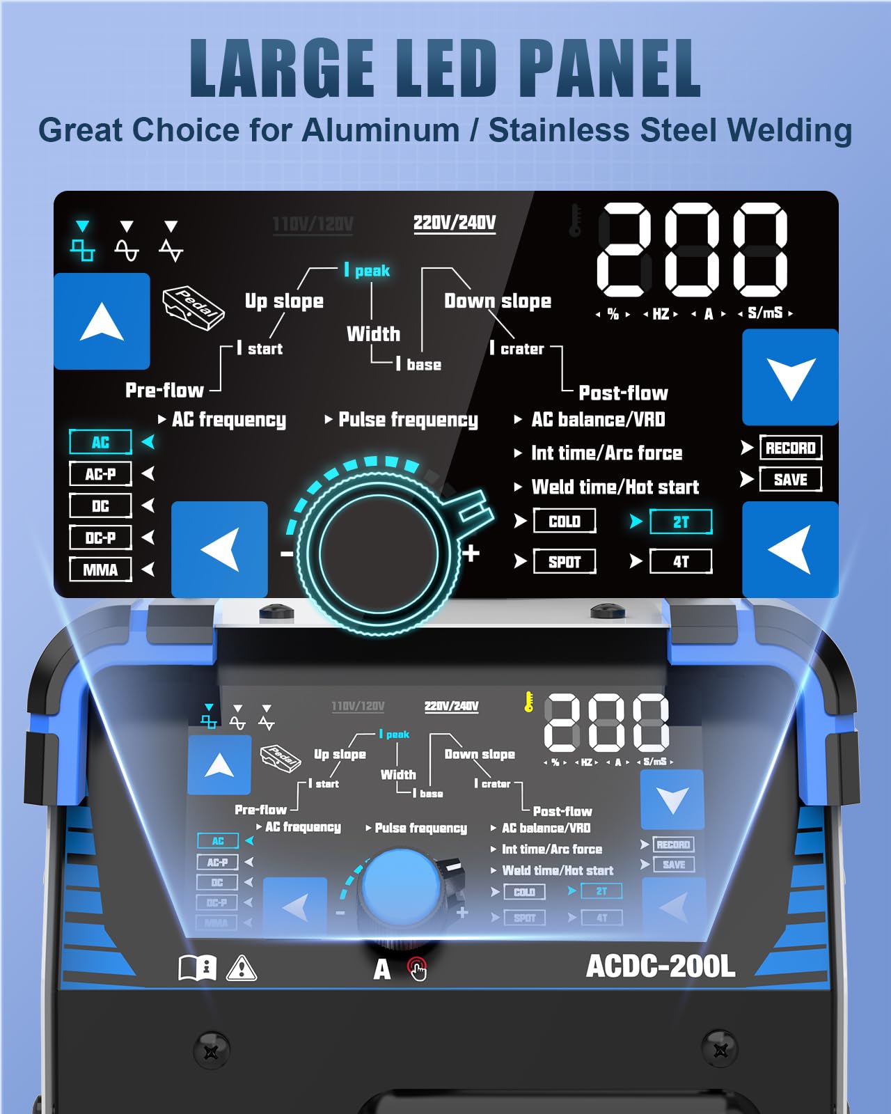 AZZUNO Soudeur TIG en aluminium 200 A AC/DC, soudage TIG 10 en 1 avec