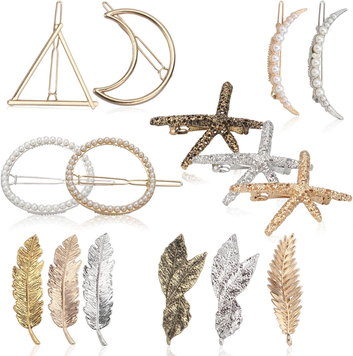 Cavetee Vintage Hair Clips, 15 Pieces Hair Barrettes for Women Girls, Stylish Shaped Leaf Moon Circle Triangle Starfish Gold Silver Hair Pins