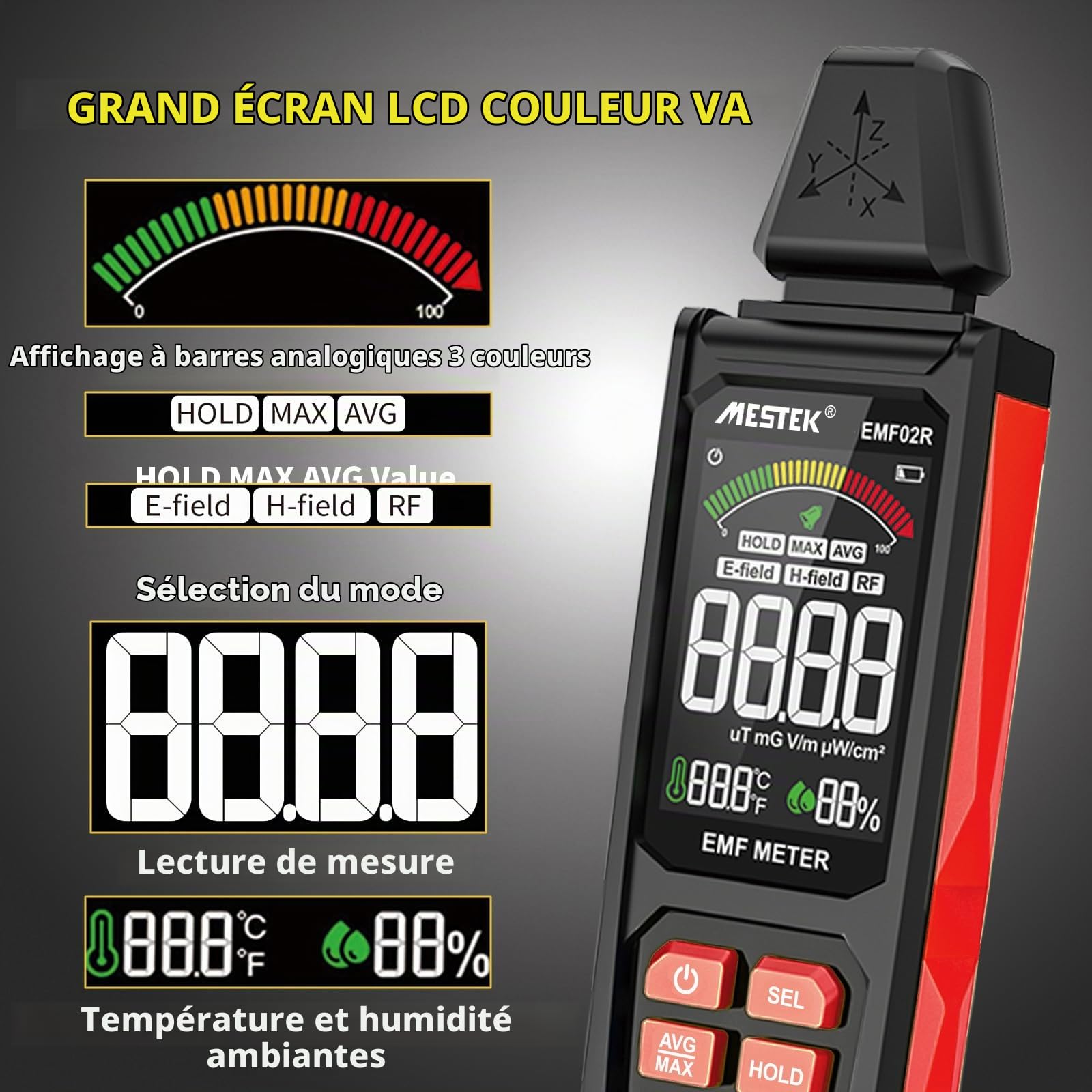 Detecteur EMF MESTEK 5 in1 Test EF/MF/RadioFréquence, Champ Électrique/Magnétique/Haute Fréquence, Détecteur de Rayonnement Électromagnétique Portable Pour Extérieur, Maison,Chasse aux Fantômes