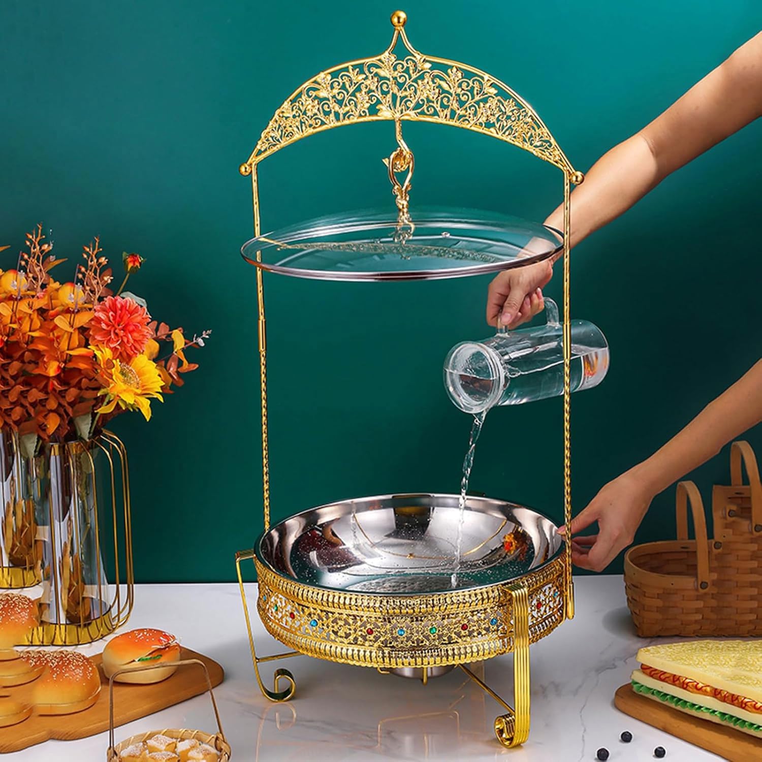JOSBY Juego de Calentador de Comida Buffet de 8 litros, sartén de Acero Inoxidable con Tapa Colgante, Juego de Buffet de Lujo con Estufa de Combustible, Utensilios de Buffet y Equipo Calentador