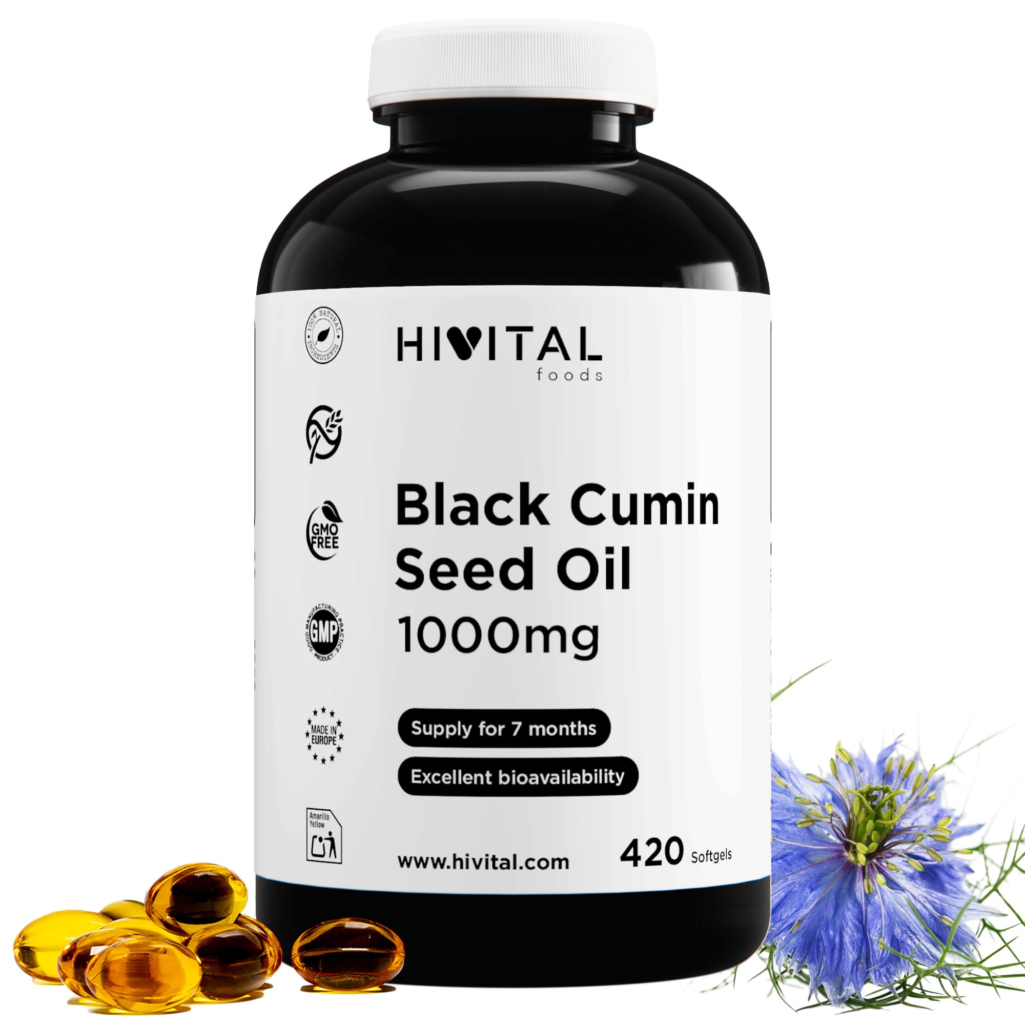 Aceite de Comino Negro 1000 mg. 420 cápsulas blandas para 7 meses. Aceite Natural Prensado en Frío de Nigella Sativa Egipcio con 55% de Ácido Linoleico. Black Seed Oil. Fabricado en España por HIVITAL